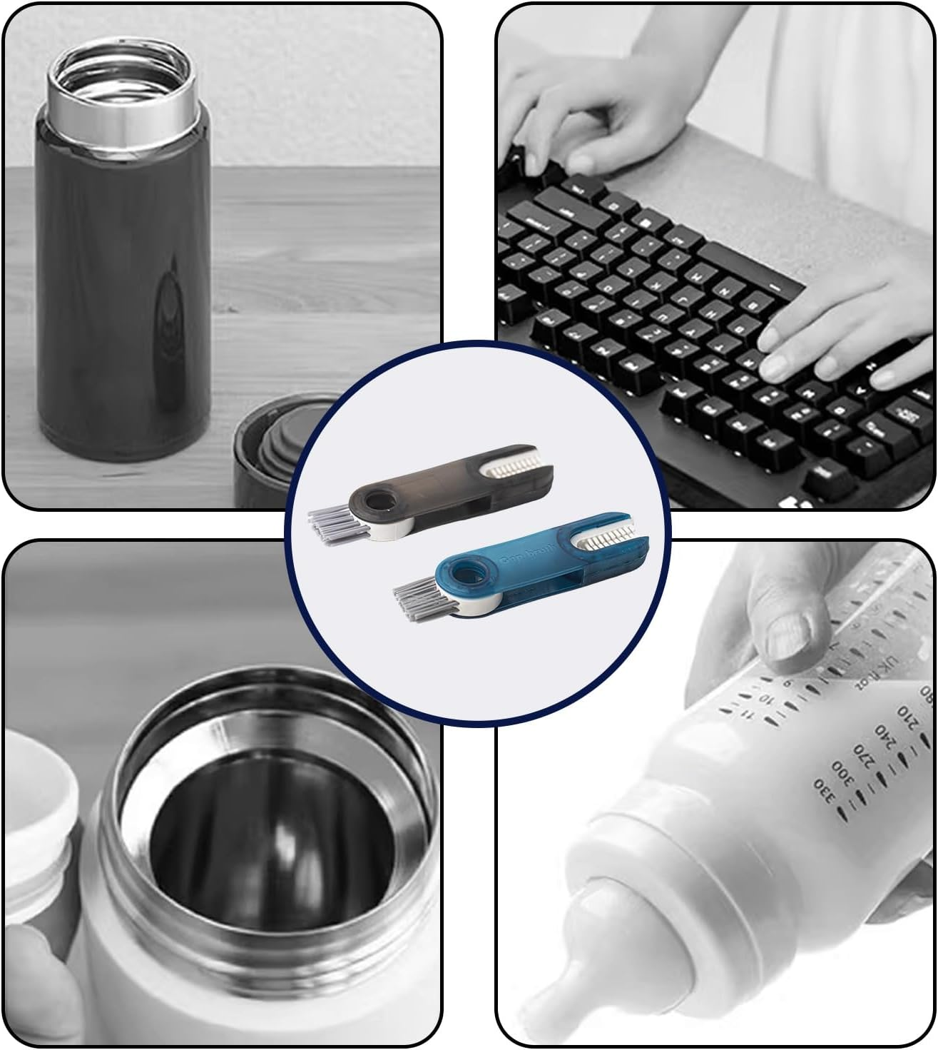 4 Pcs Cup Cleaning Kit &ndash; 3-In-1 Bottle Cleaner Brush Set, Multipurpose Cup Cleaning Brush Kit with Holder, Blue & Gray