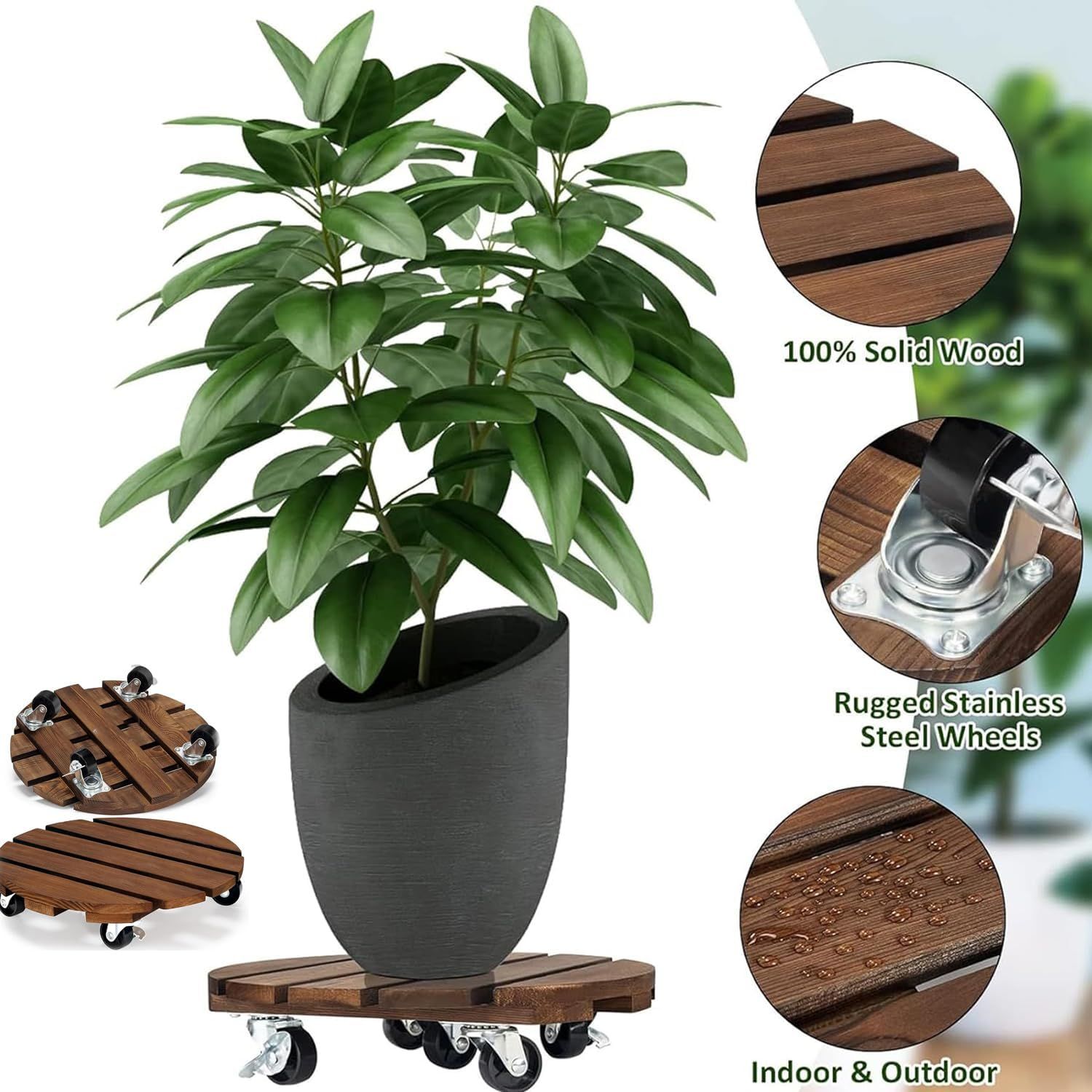 WEZCHUGHAOL 2-Pack Wood Plant Caddy with 360&deg; Lockable Wheels, Rolling Plant Stand for Indoor Outdoor Flower & Succulent Pots, round Pot Caster Tray 30X30X8Cm image number 4