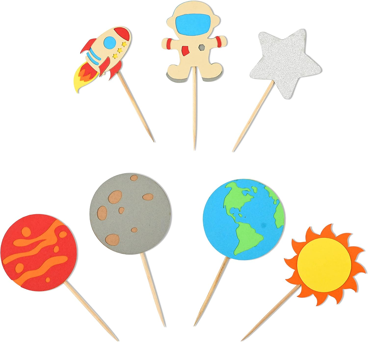 Confetti! 14 Pack Space Astronaut Cupcake Toppers Planet Rocket Spaceship Trip to the Moon Star Cupcake Food Picks Universe Outer Space Theme Baby Shower Kids Birthday Party Cake Decorations