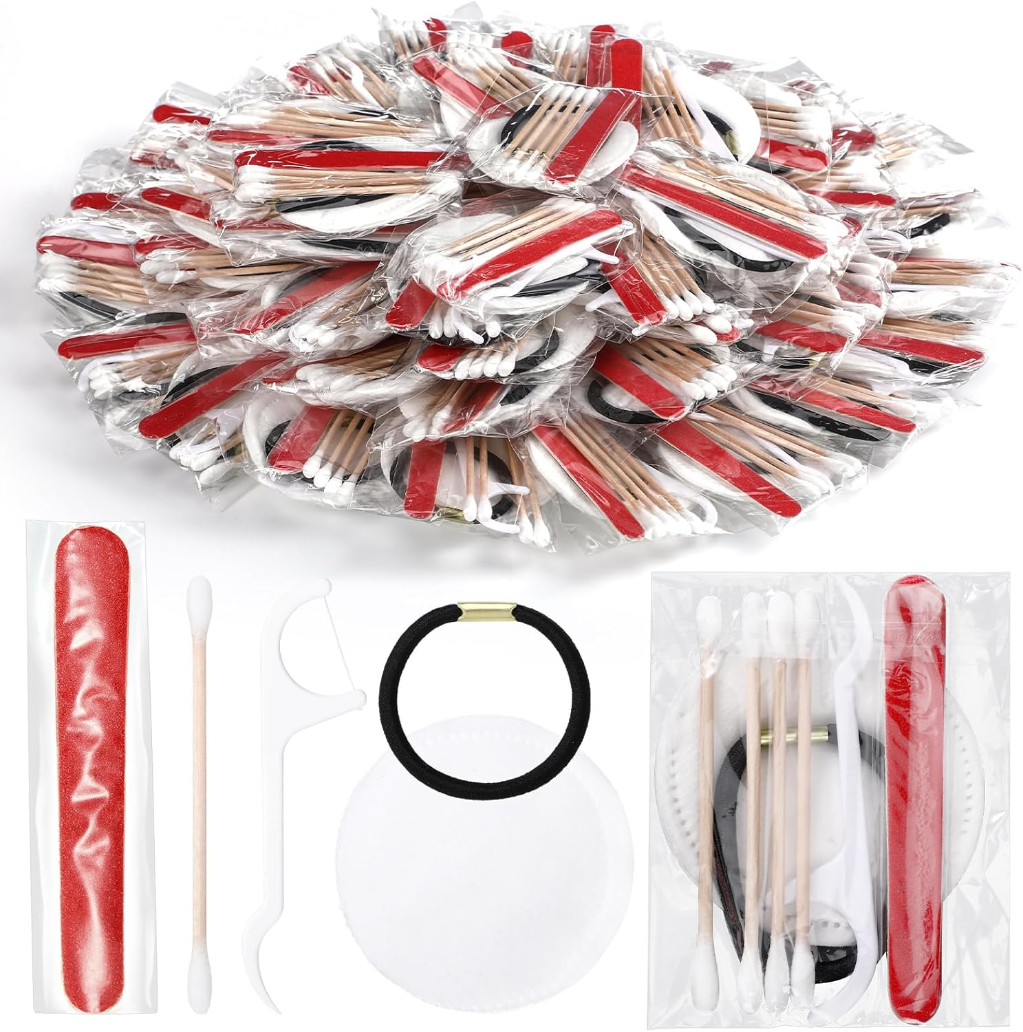 Tondiamo 100 Set Hotel Vanity Kit Individually Wrapped Travel Size Hotel Hospitality Kit Include Disposable Cotton Pads, Cotton Swabs, Hair Tie, Nail File, Dental Floss for Motels Toiletries image number 2