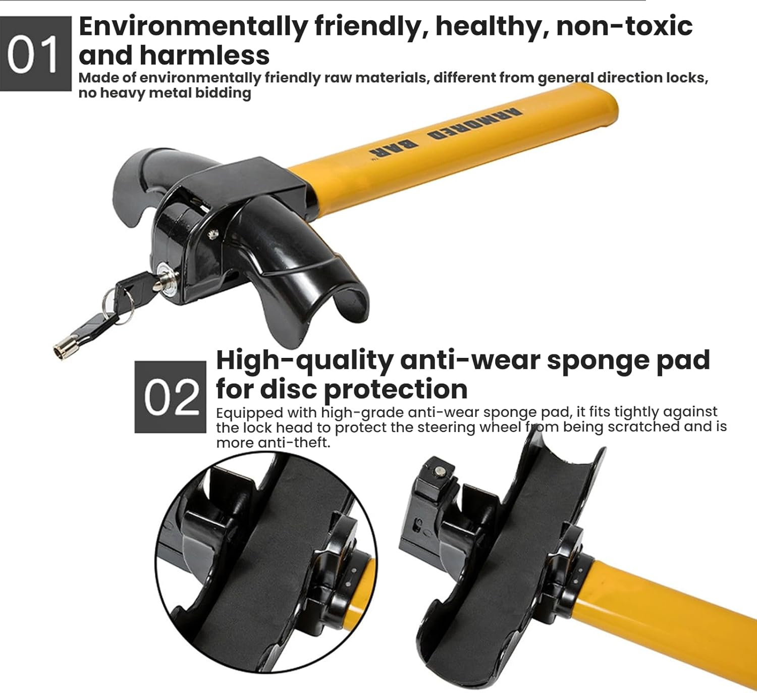 Steering Wheel Lock for Cars, Universal Auto Anti-Theft Lock with 2 Keys - Highly Visible Security Device for Car, Truck, SUV, Van - Easy to Install & Store, Deterrent against Vehicle Theft (Yellow) image number 3