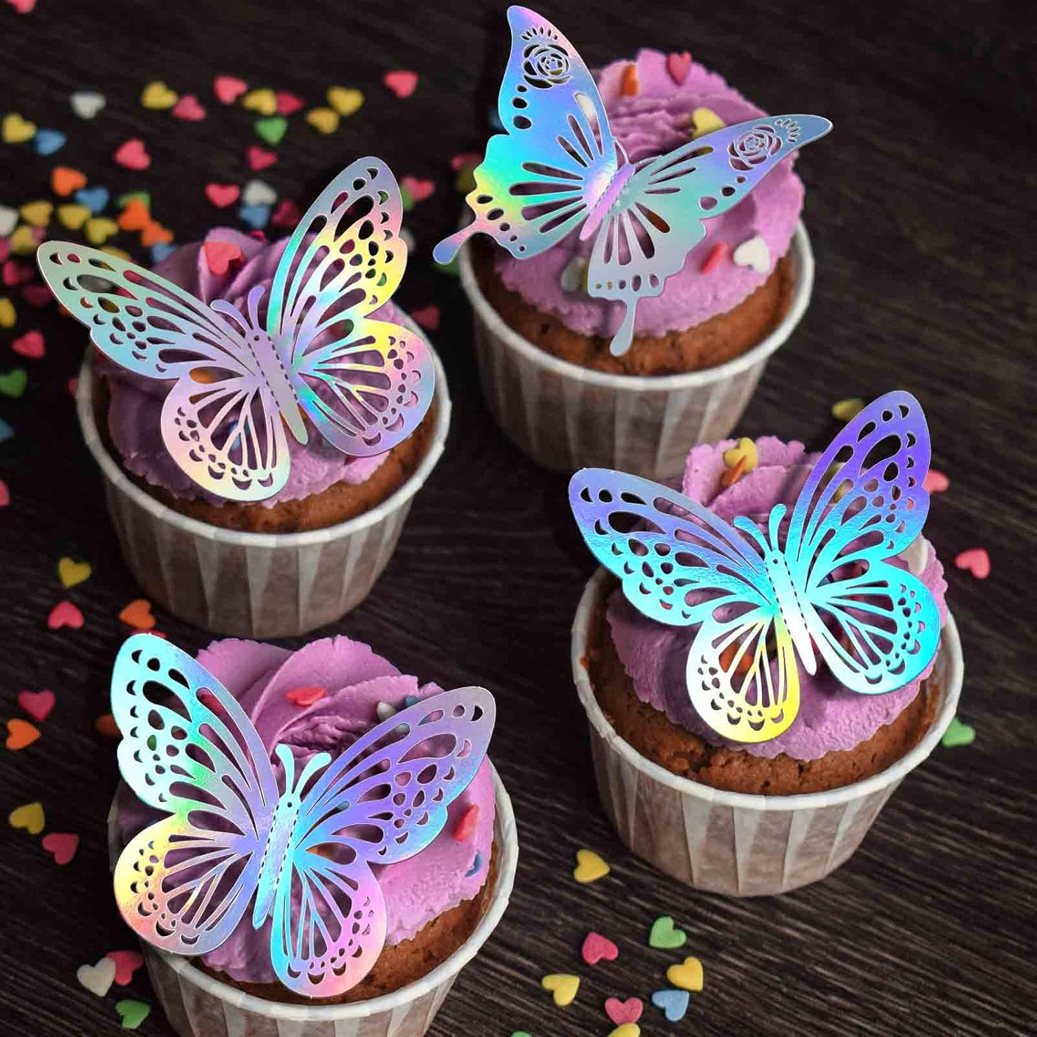 Laser Butterfly Wall Decor, 48Pcs 2 Styles 3 Sizes Butterflies for Birthday Cake Cupcake Toppers, 3D Paper Iridescent Sticker Graduation Grad Cap Decorations Baby Shower Girl Room Nursery Decals - Laser Pink image number 2