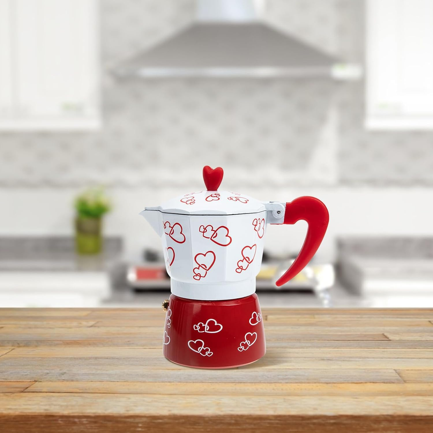 LIFKICH Red Heart Aluminum Mocha Pot Espresso Maker Italian Style Coffee Pot with Anti-Scald Handle Easy to Use Manual Coffee Machine for Home Kitchen Tea House Shop Brewing