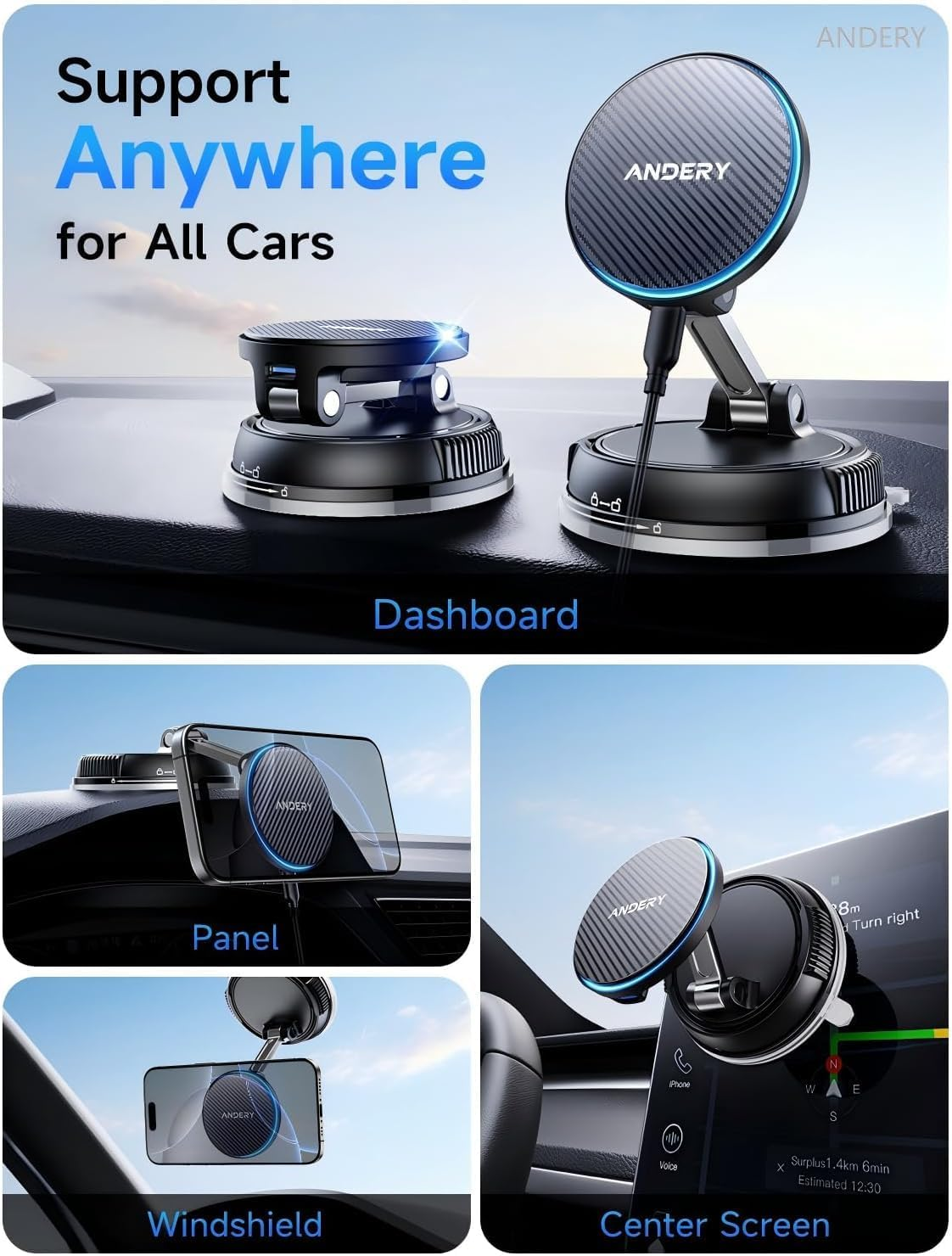 ANDERY Only for Iphone Mag-Safe Car Mount Charger [15W Fast Wireless Charging, 78+LBS Strong Suction 2400Gf Strong Magnetic] 360&deg; Adjustable Car Phone Holder, Phone Holders for Your Car for Pats/Mats