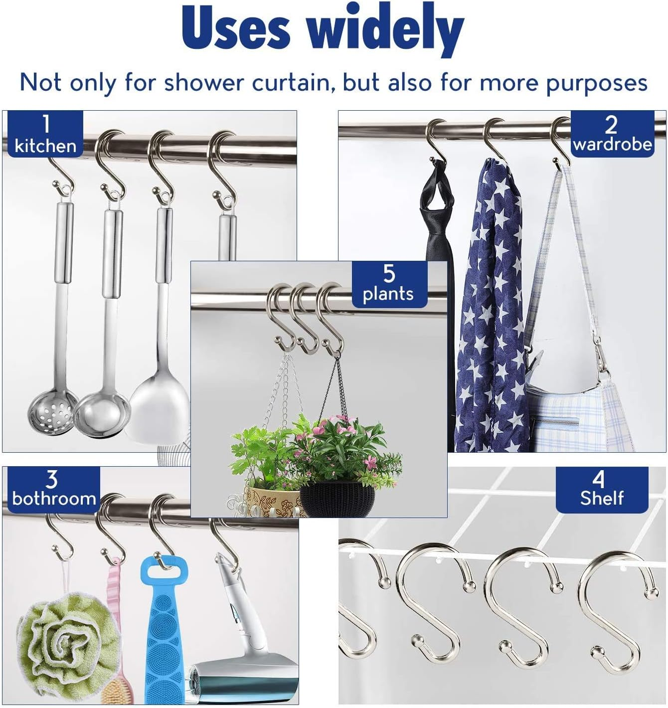 24PCS Metal Shower Curtain Hooks，Rust Resistant S Shaped Hooks Hangers for Shower Curtains, Kitchen Utensils, Clothing, Towels, Etc.(Nickel) image number 4