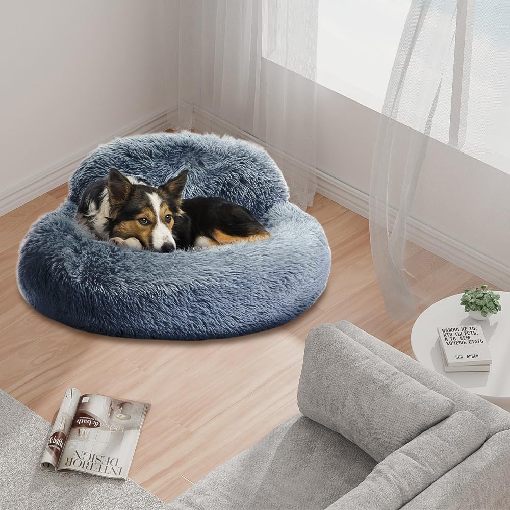 MOTRAIN Calming Dog Bed & Cat Bed, Donut Dog Bed for Small, Medium Dogs, Anti-Slip & Washable round Dog Bed, Fluffy Faux Fur Plush Dog Cat Cushion Bed, 23.6Inch, Deep Grey image number 1