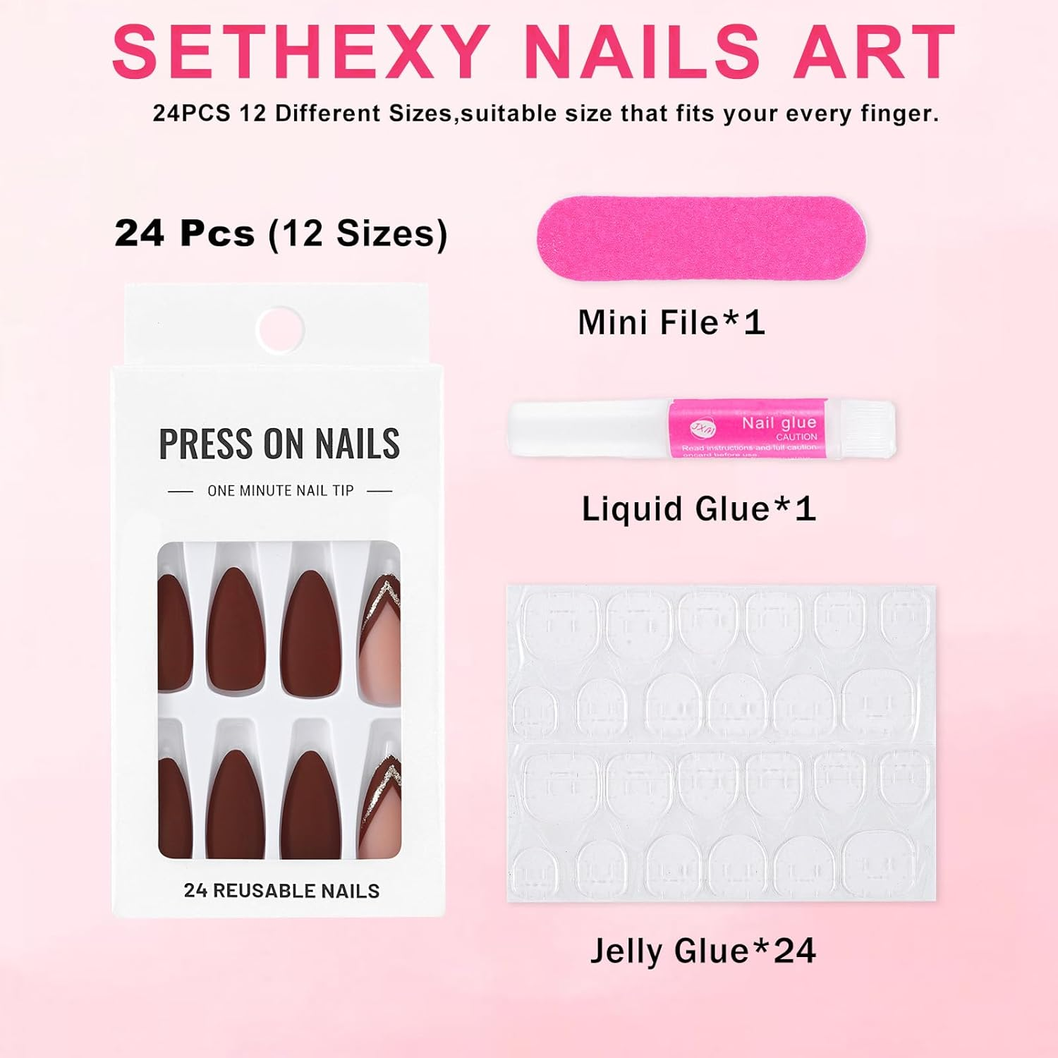 Sethexy Brown Medium Almond Press on Nails Stiletto Autumn French Fake Nails Acrylic False Nails for Women and Girls 24PCS (5) image number 3