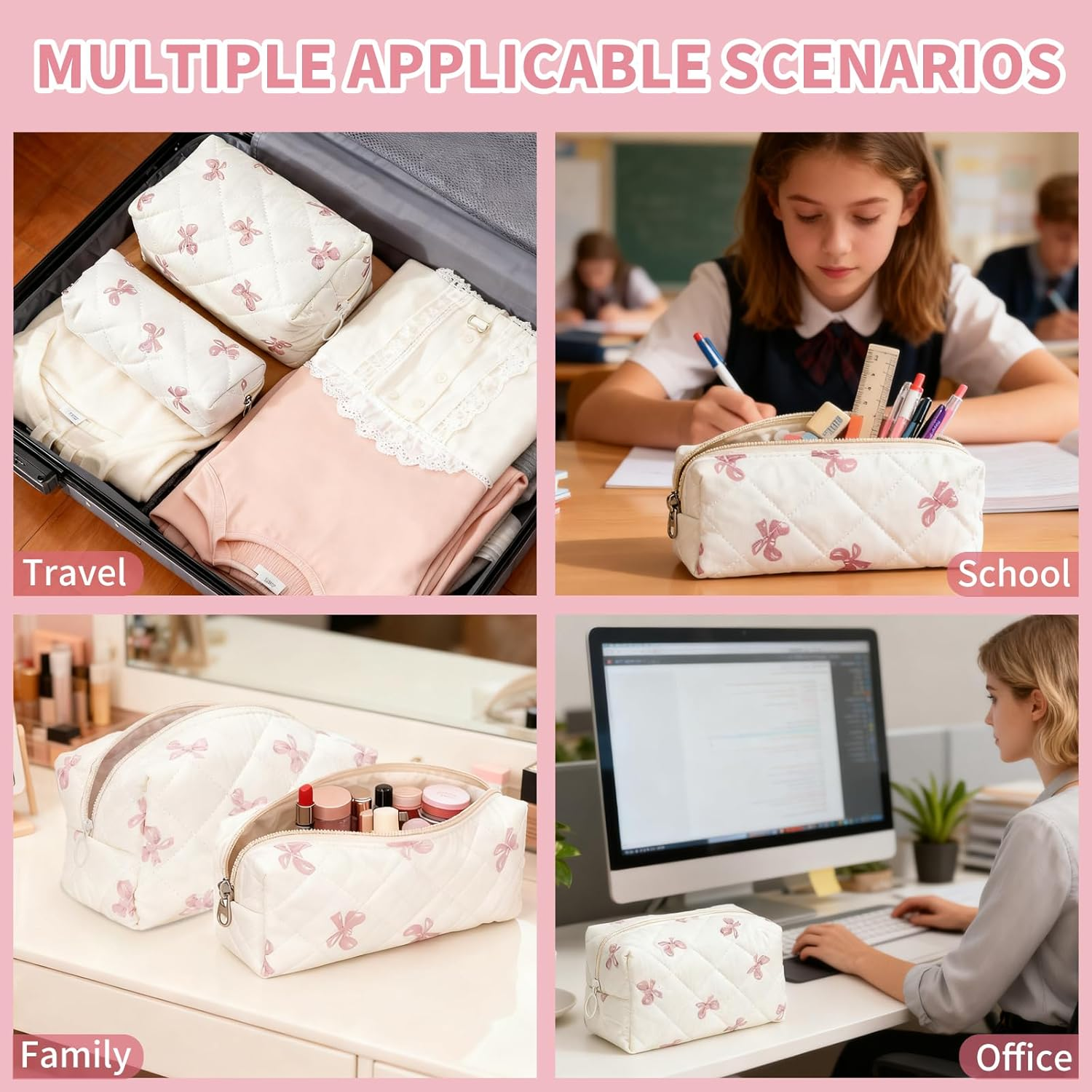 Pack of 2 Cosmetic Bags, Butterfly Knot Pattern Make up Bag with Zip, Soft Cotton Material Makeup Bag, Toiletry Bag for Women, Travel, Everyday, School (Cream White) image number 3