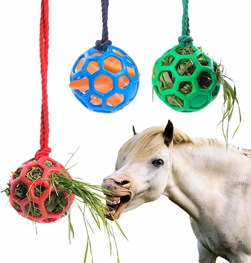 3-Pcs Horse Treat Ball Hay Feeder Toy &ndash; Hanging Slow Feeder Ball for Horses, Goats & Sheep, Stall Toy for Feeding and Enrichment image number 3