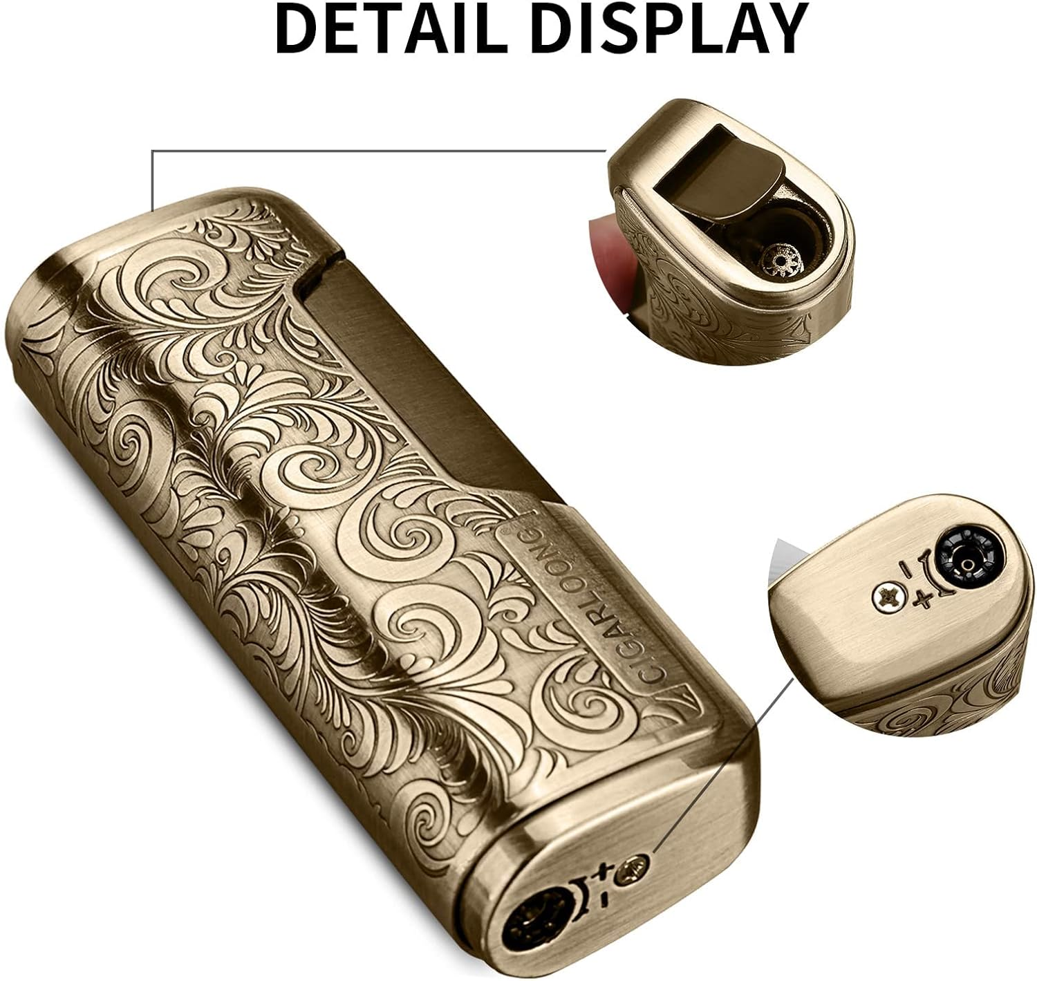 CIGARLOONG Cigar Cutter and Lighter Set Sharpening Blade Engraved Cigar Guillotine and Retro Carved Lighter(Color:Gold) image number 2