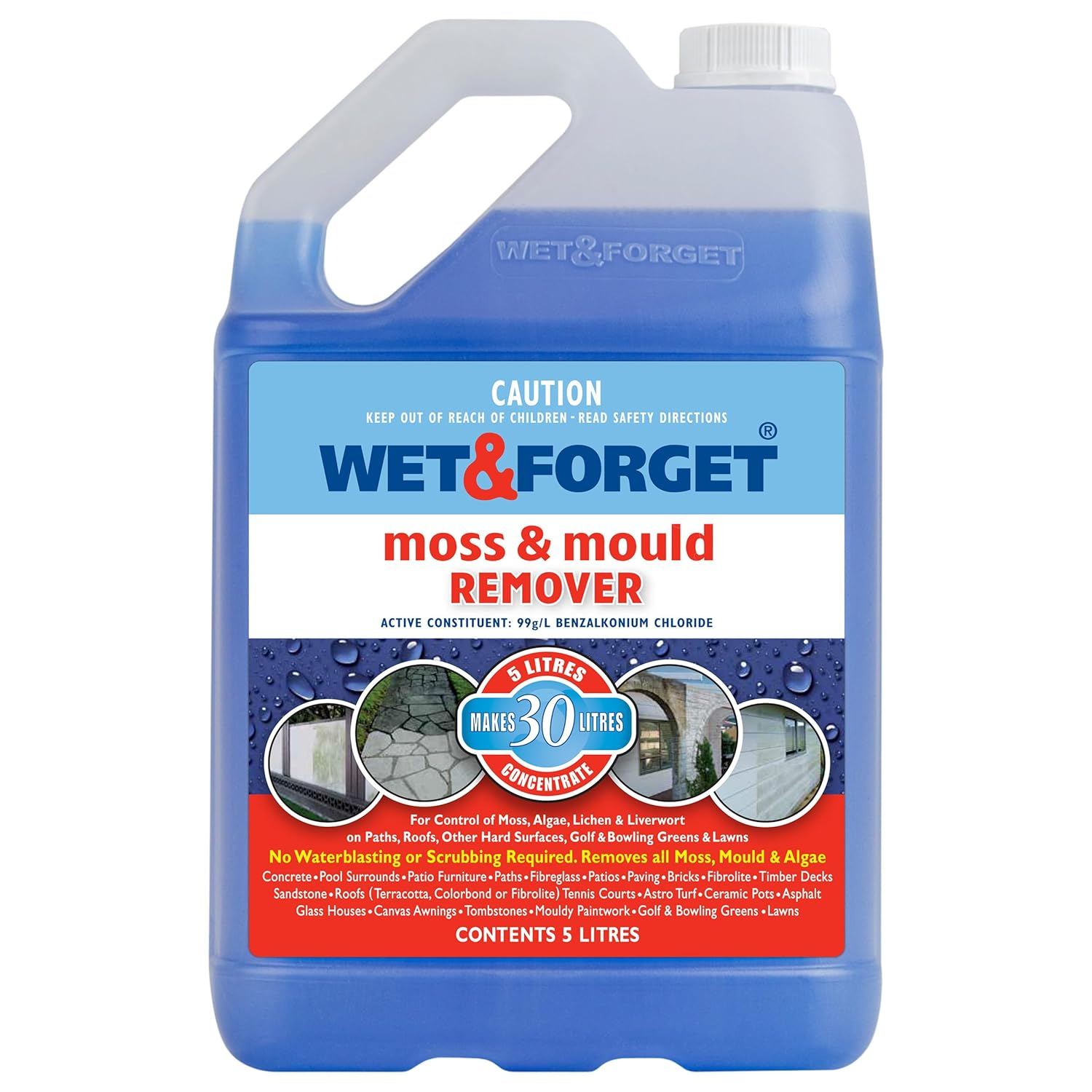 Wet & Forget Moss, & Mould Remover 5L &ndash; No Scrub Exterior Moss & Mould Removal for Roofs, Decks, Fences, Concrete, Patios, Brick & Cladding &ndash;, Bleach-Free Concentrate Formula image number 1