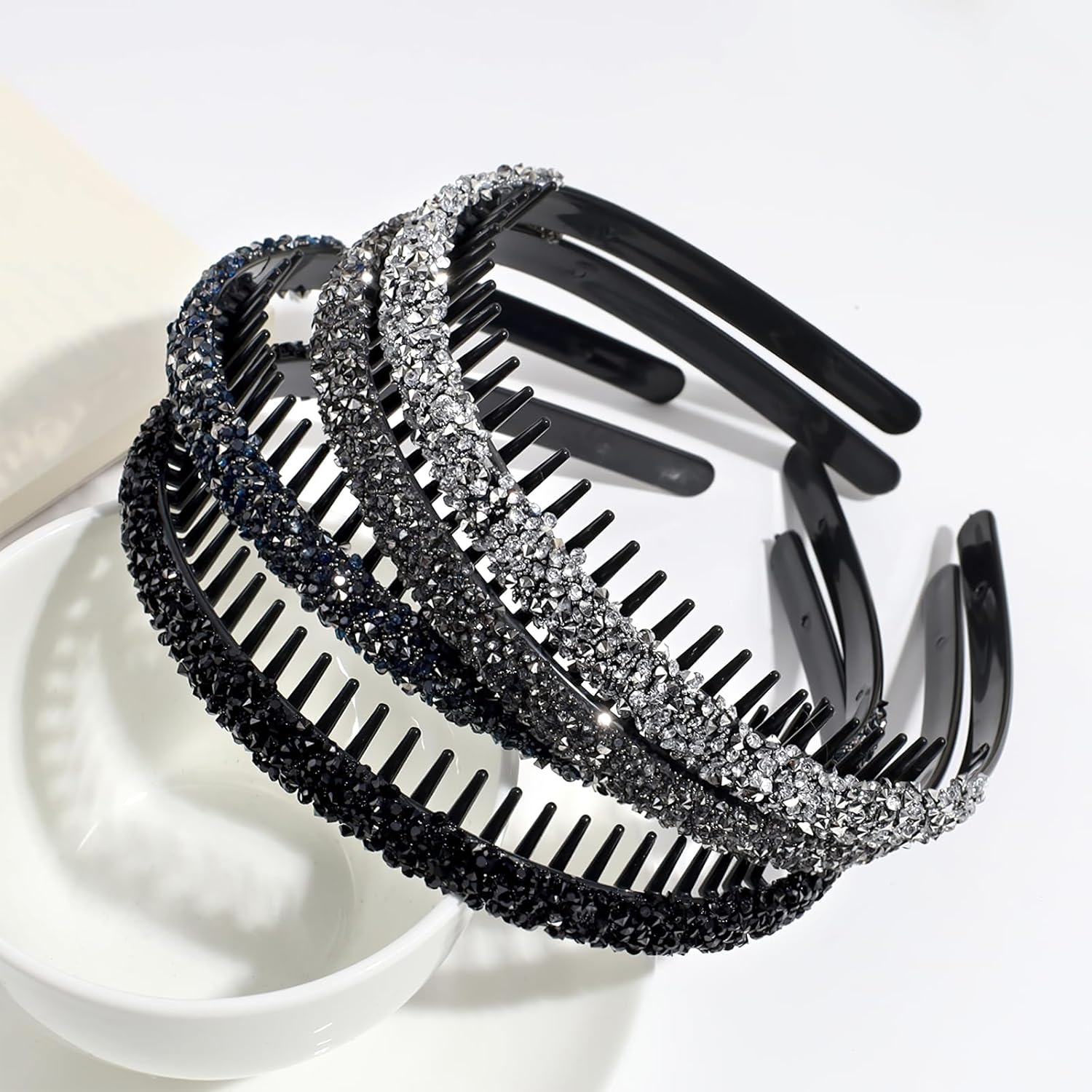 Black Silver Grey Dark Blue Rhinestone Headband for Women, with Teeth, Non-Slip Headband image number 2