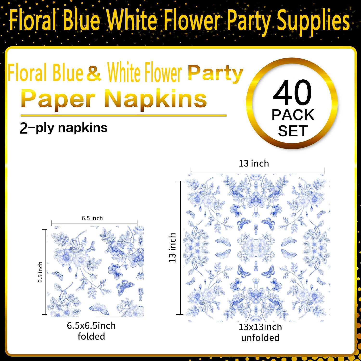40 Pack Blue White Floral Luncheon Napkins - Fancy Dessert Paper Napkins for Tea Party, Baby Shower, Birthday Party Supplies Decor - Blue image number 4