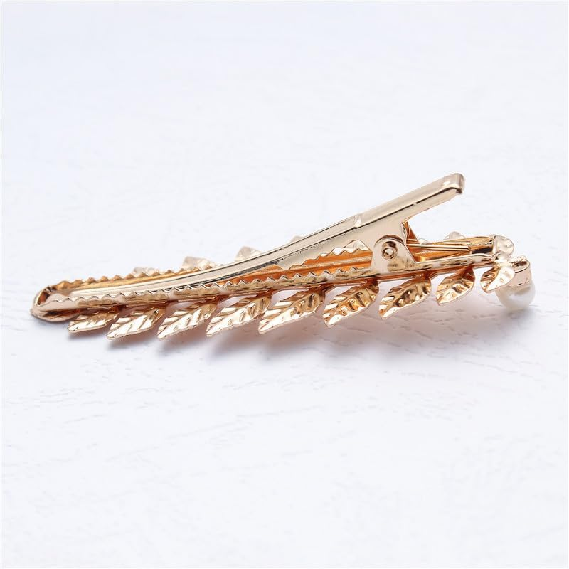 Gold Leaf Hair Clips Barrettes Greek Goddess Costume Cosplay Accessories for Women Girls 2 Pcs Leaves Clip with Pearl Hair Piece Leaf Clips for Wedding Party image number 5
