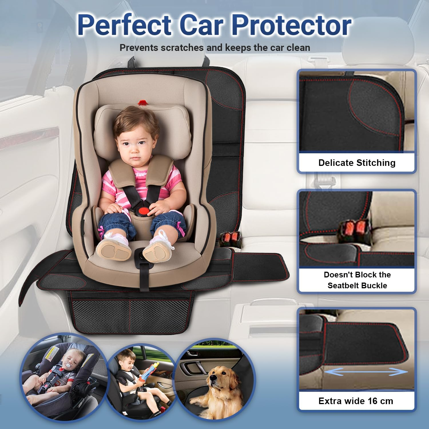 Xkimos Car Seat Protector for Child Car Seat, 600D Fabric Waterproof Car Seat Cover with Non-Slip Backing, Universal Fit with Mesh Pockets & Extra-Wide Side Wings (1 Pack) image number 4