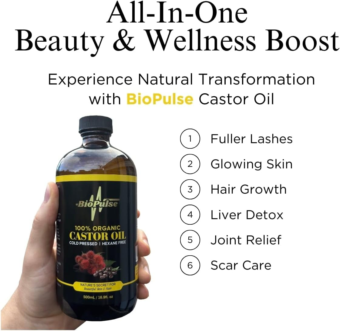 Biopulse Organic Castor Oil, 100% Pure Cold-Pressed, Hexane-Free - Stimulate Hair Growth & Hydrate Skin, Nourish Eyelashes, Brows & Nails with Natural Moisturising Oil (500Ml Glass Bottle) image number 4