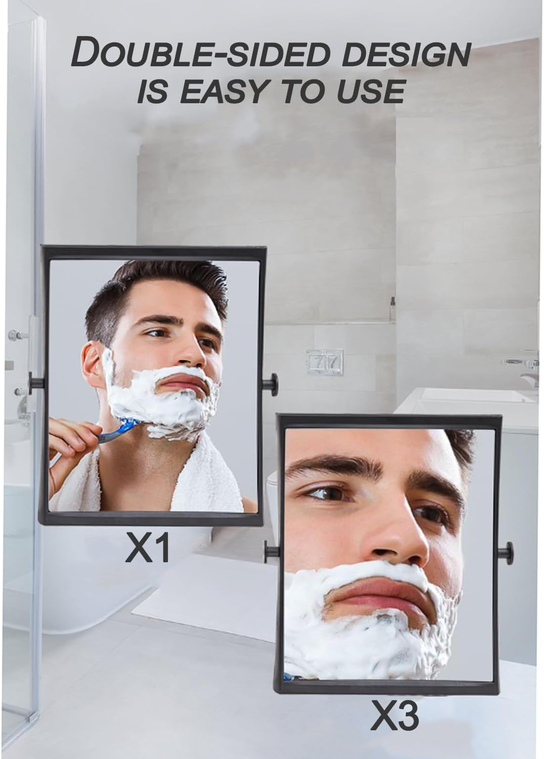 Water-Resistant Shower Fogless Mirror for Men - Double-Sided Magnification, Suction Cup Installation, Bathroom and Vanity Essential, Plastic, No-Drill Solution