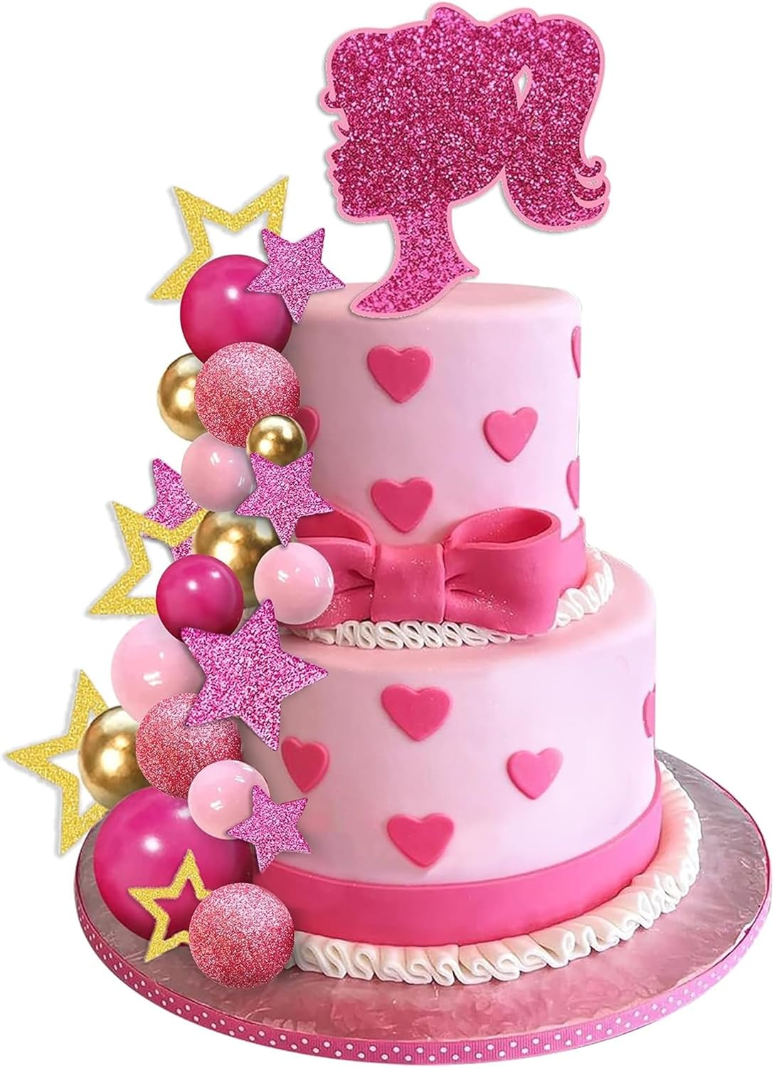Hot Pink Girl Cake Topper Balls Cake Decorations with Shiny Stars for Wedding Baby Shower Birthday Supplies (Stars) image number 1