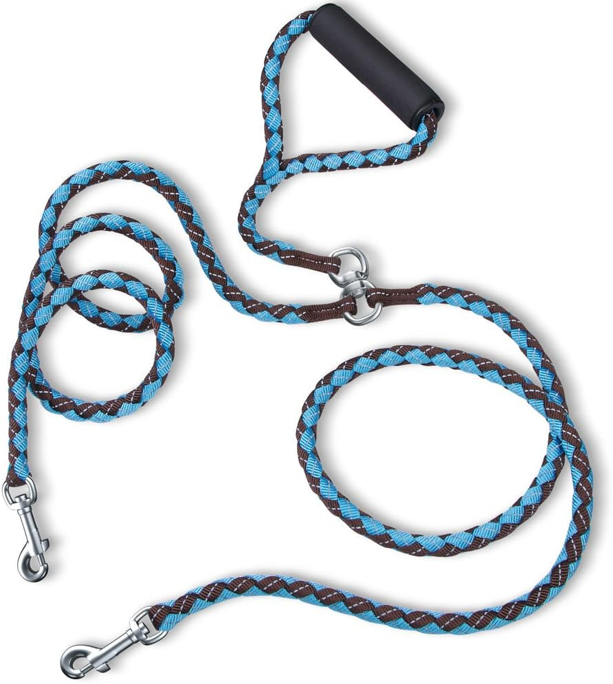 PETBABA Double Leash for Two Dogs, 4.6Ft Heavy Duty Tangle Free Splitter Coupler, Reflective Strong Dual Lead Split, Soft Padded Handle, for Walking 2 Medium Large Dogs That Pull - Blue