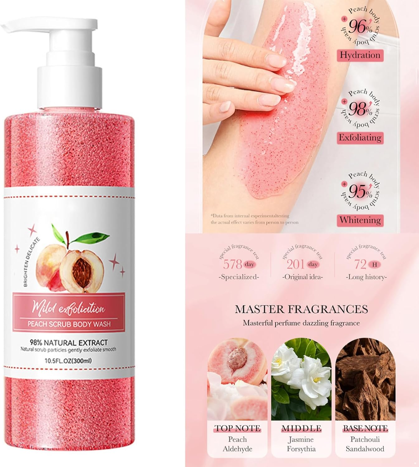 Tiaobug Exfoliating Peach Body Wash and Scrub 300Ml Hydrating Shower Gel for Smooth Skin Daily Cleanser Unisex Hot Pink One Size image number 4