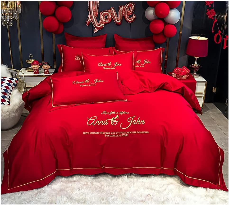 Red Duvet Cover Full/Queen King Satin Bedding Set Adult Wedding Celebration Quilt Comforter Cover Honeymoon Sexy Luxury Soft 300TC Long-Staple Cotton Bedspreads (Color : C, Size : 200X230-150X200Cm