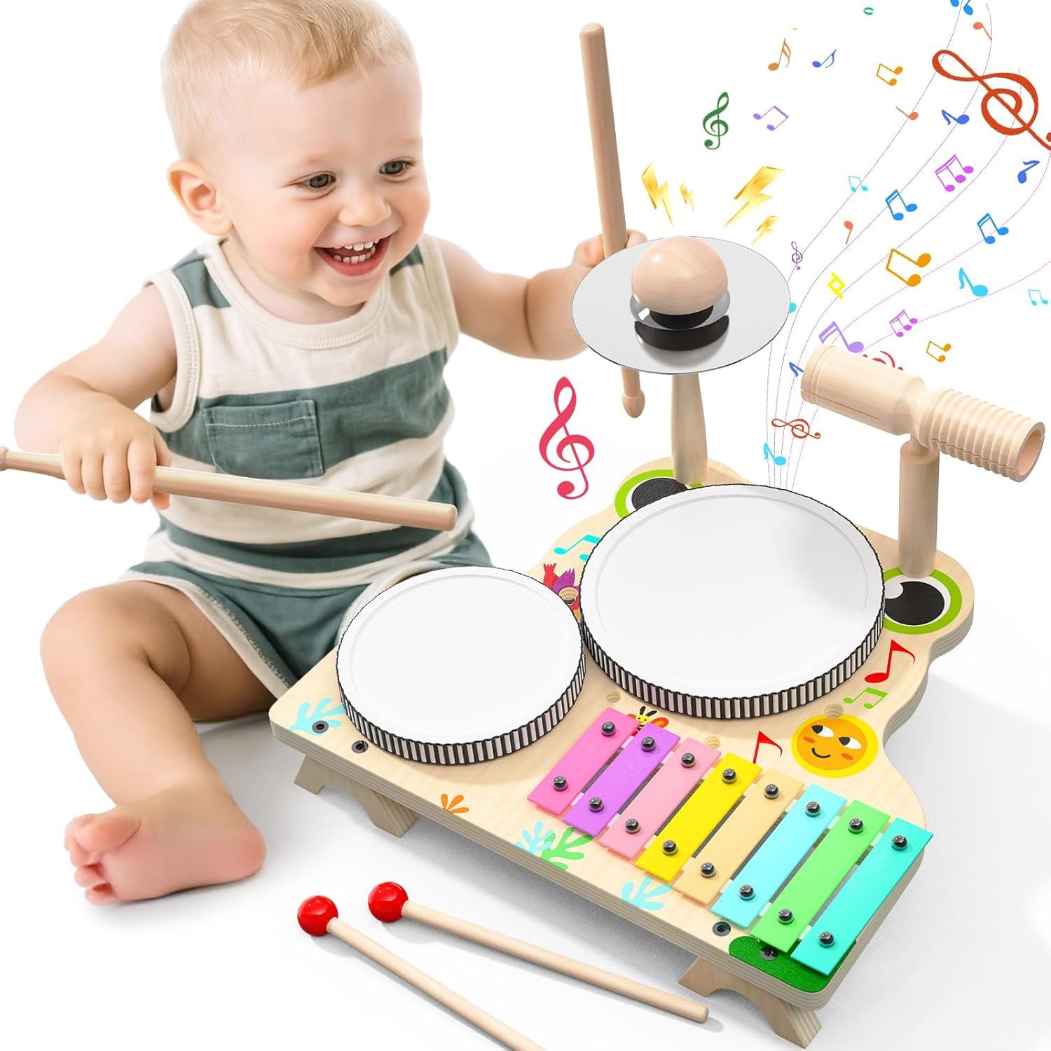 SKIRFY Kids Toys Musical Instruments, Toddler Wooden Toys Drum Kit, Baby Toy with Drum Sticks, Xylophone, Learning & Education Sensory Toy S for 3 4 5 Year Od Boys Girls image number 6