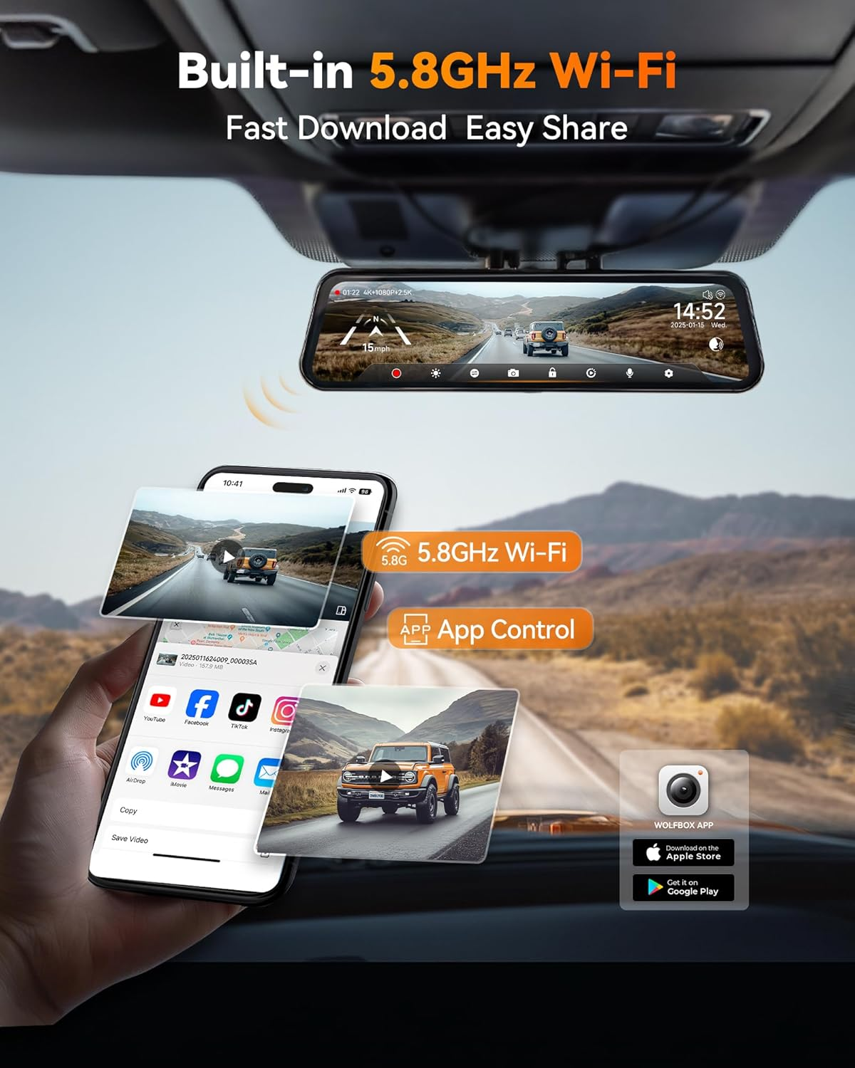 WOLFBOX G900 Tripro Bumper Version 3 Channel 4K Mirror Dash Cam, STARVIS 2 IMX678 Night Vision, 4K+2.5K+1080P Front and Rear Bumper Dash Cam, 5.8Ghz Wifi, Voice Control, Includes 256GB Card & GPS image number 5