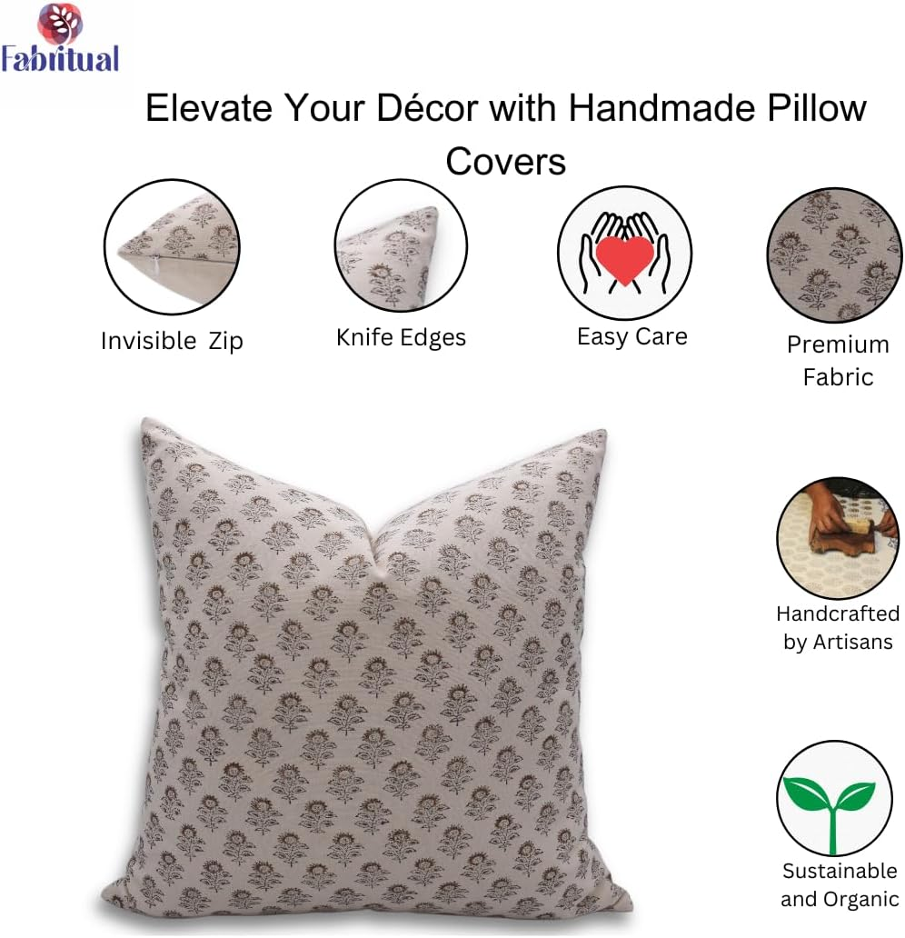 Pillow Covers Duck Canvas Fabric Vintage Handmade Block Floral Print 16X16 Inch Pillowcase Cushion Cover with Hidden Zipper for Living Room, Bedroom, Sofa, Couch, Bed (Mustard-Bagru Buti) image number 5