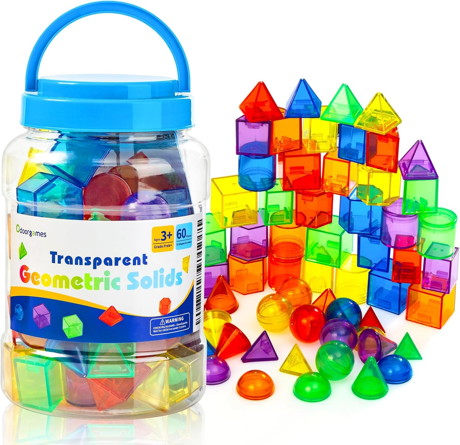 Odoorgames Translucent 3D Geometric Shapes - Mini Jar Set of 60 - Light Table Manipulatives - Translucent Toys for Light Table