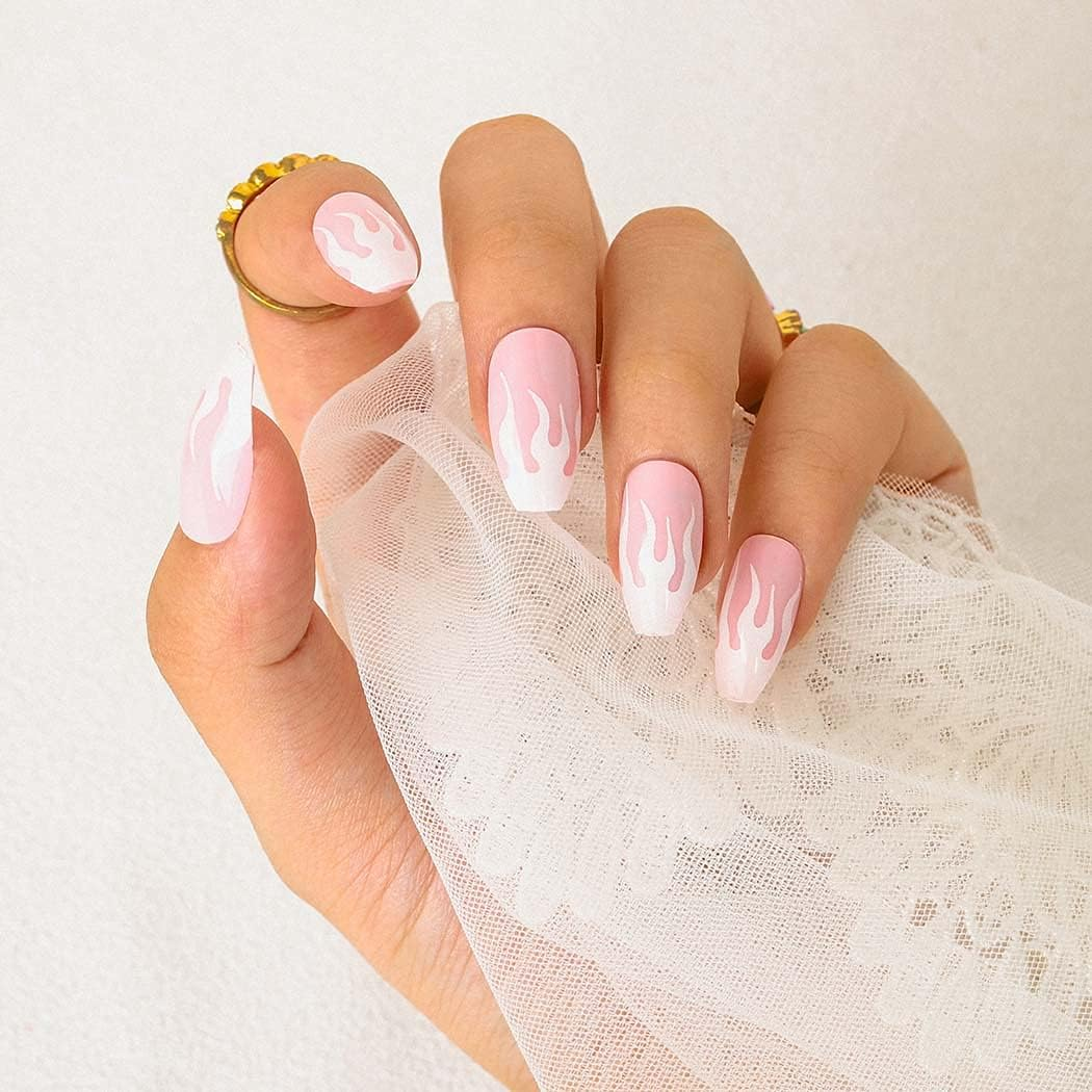 Sethexy Flame False Nail Medium Ballerina False Fingernails Pink Press on Nails Pack of 24 Shiny Acrylic Nails for Women and Girls image number 6