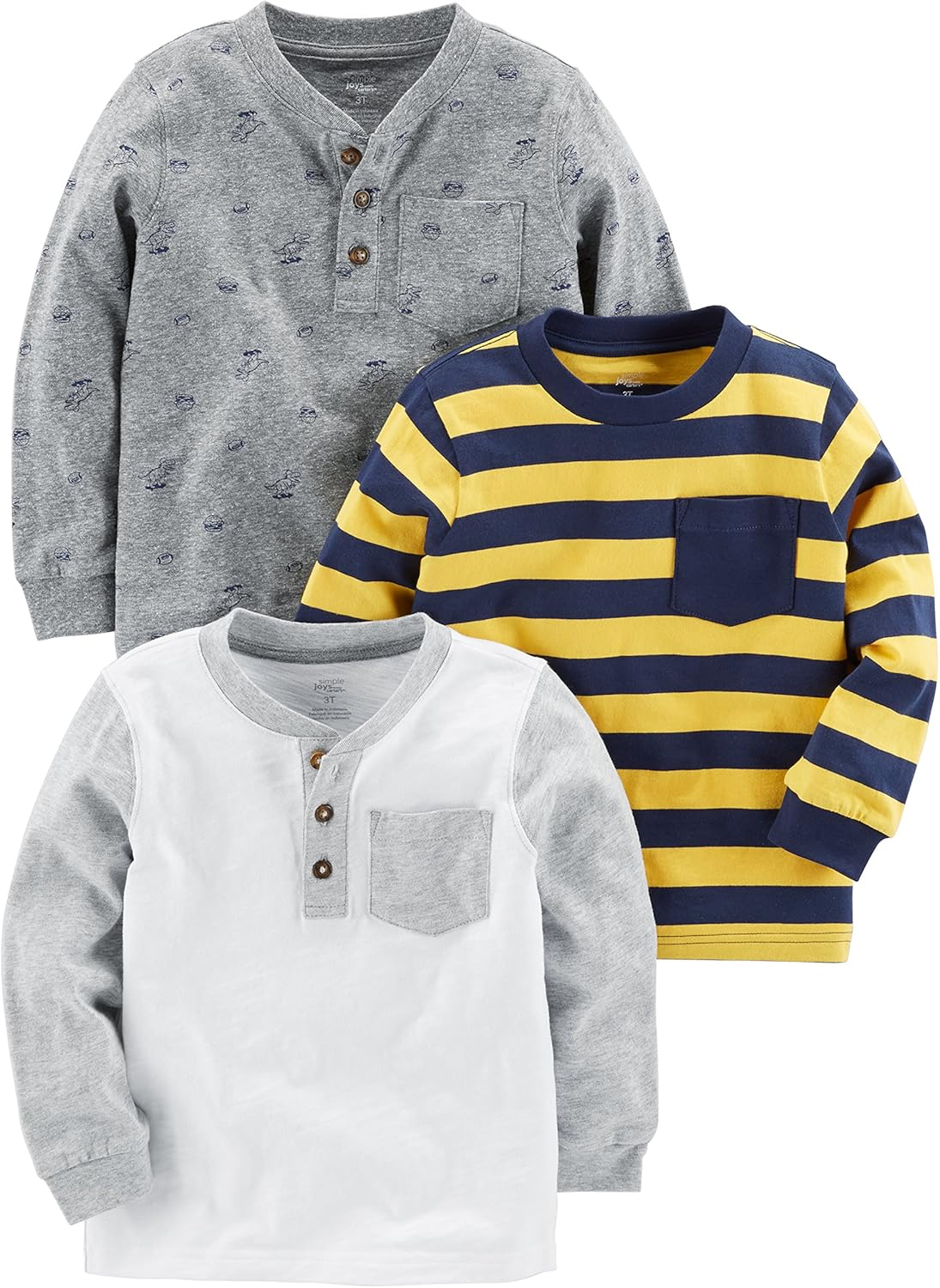 Simple Joys by Carter'S Boys' 3-Pack Long Sleeve Shirts, Grey Dinosaur/White/Yellow Stripe, 4T image number 1