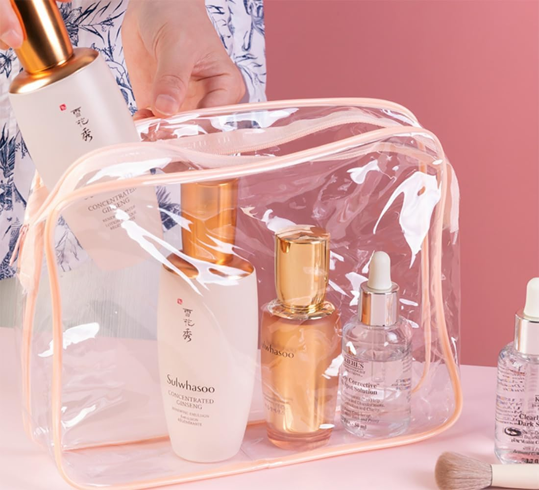 3 Pieces Clear Toiletry Bag(Pink Edge), Makeup Bags for Travel, PVC Waterproof Travel Small Pouches with Zipper for Men and Women image number 2