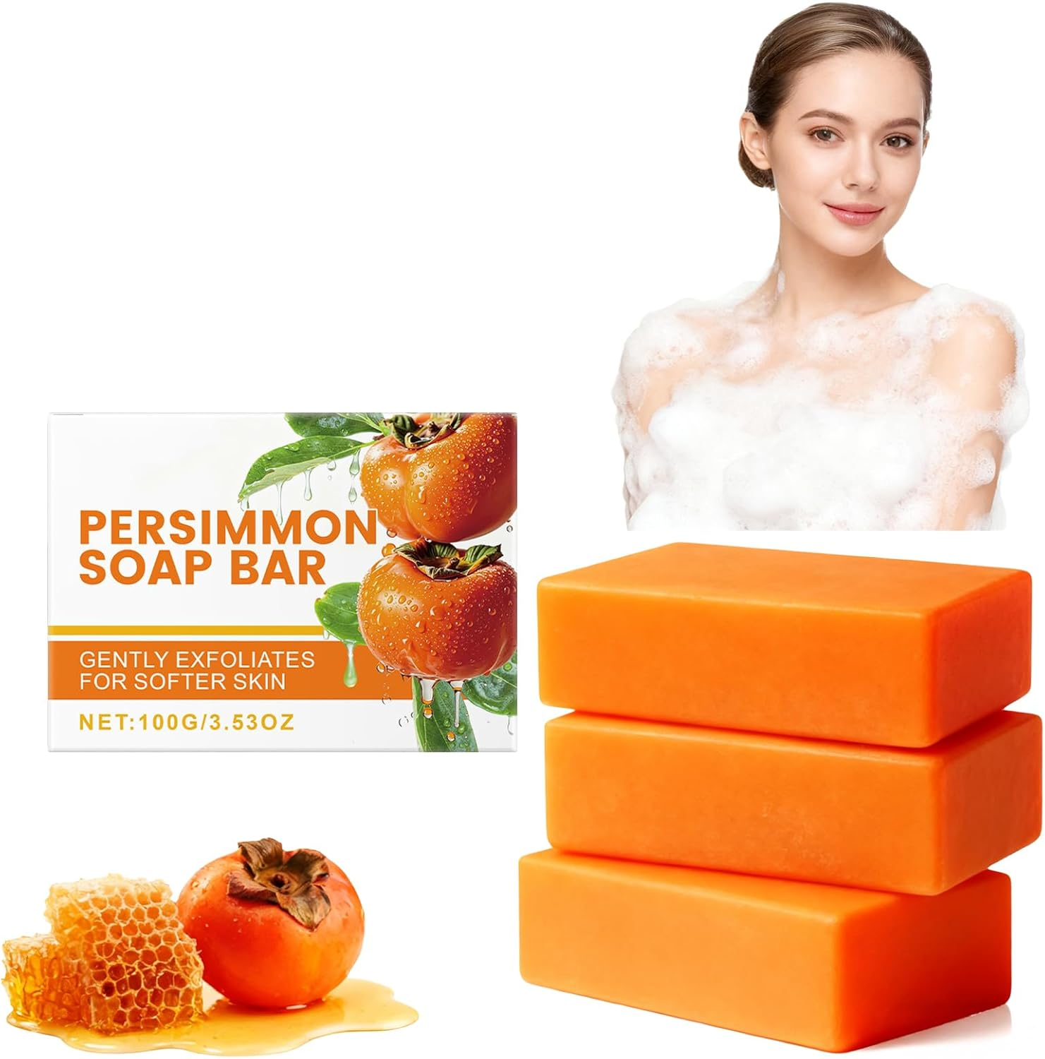 Persimmon Soap Bar for Body Odour Removal, Deodorant Bath Soap for Men & Women, Cleansing & Moisturising Face & Body, Exfoliating Bars with Persimmon & Honey, Light Scent for Smooth Skin (6Pcs)