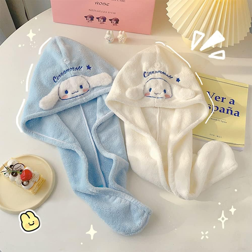 Kawaii Microfiber Hair Towel for Women, Super Absorbent Hair Shower Cap for Long Hair, Quick Dry Towel Wrap with Botton of Cute Hairbands for Women Girls Bath Accessories(White) image number 6