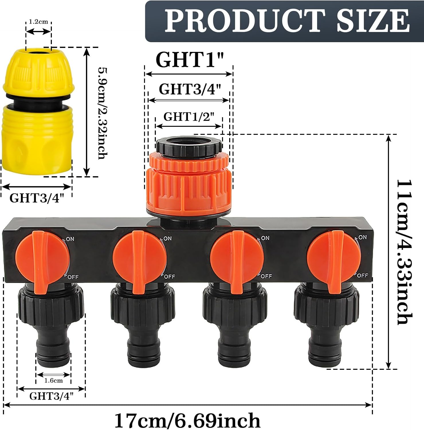 Faucet Splitter Garden Hose Connector 4-Way Garden Hose Splitter with Independent Valves, 3-Size Faucet Compatibility (GHT1/2, GHT3/4, GHT1) (Blue) image number 3