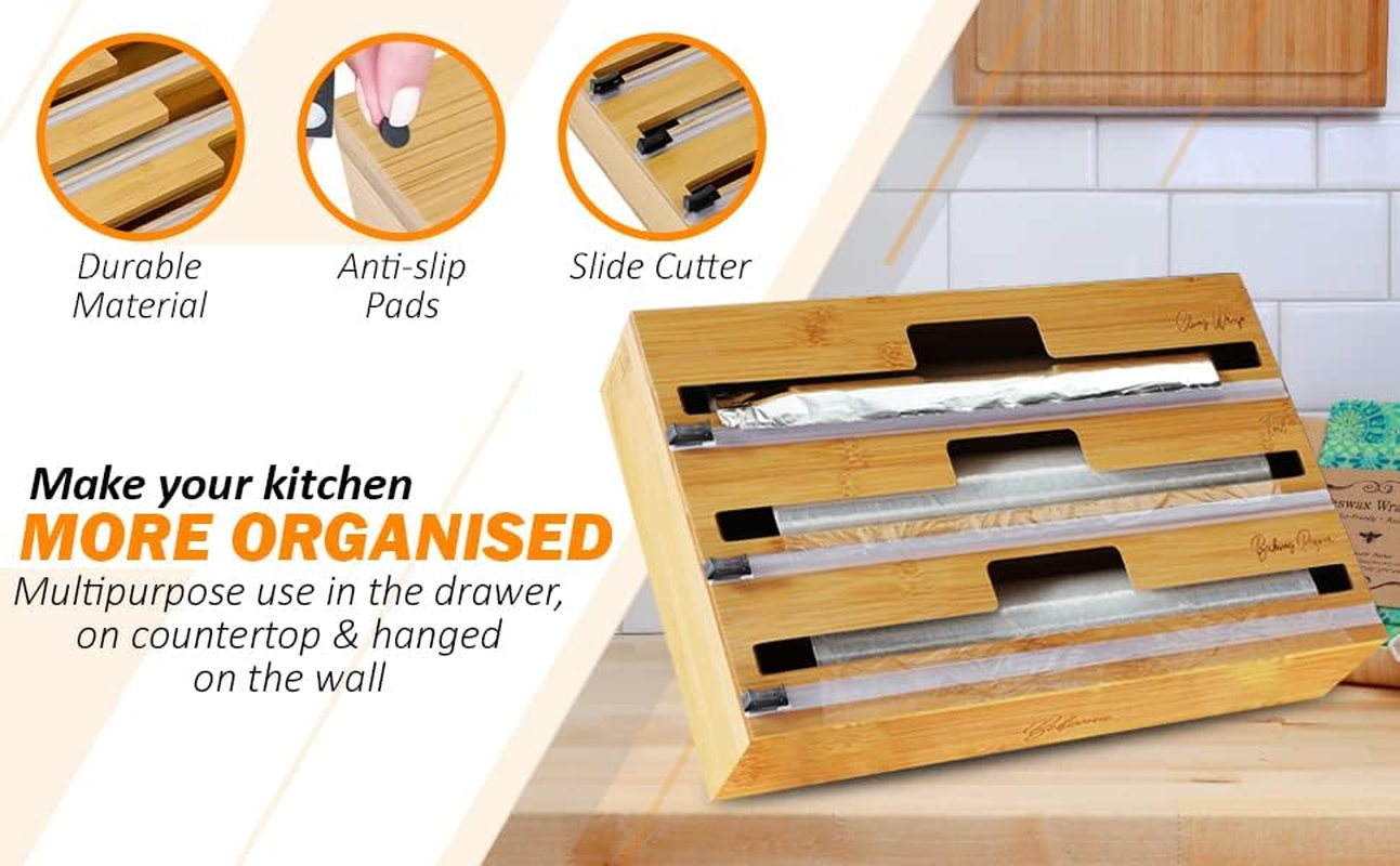 Bamboo Cling Wrap Dispenser with Cutter 33Cm | 3-In-1 Foil and Wrap Organiser for Kitchen Drawer | Glad Wrap and Foil Storage Solution| Australian Sizes| image number 5