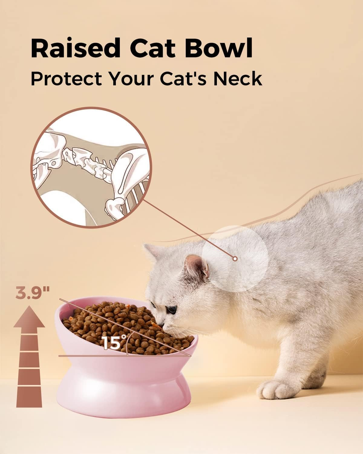 EP Leben Elevated Cat Food Bowl, 5 Oz Ceramic Raised and Tilted Water Bowl, anti Vomiting and Protect Pets' Spines Dishes for Small Dog, Fat Faced Cat, Kitten (Pink) image number 3