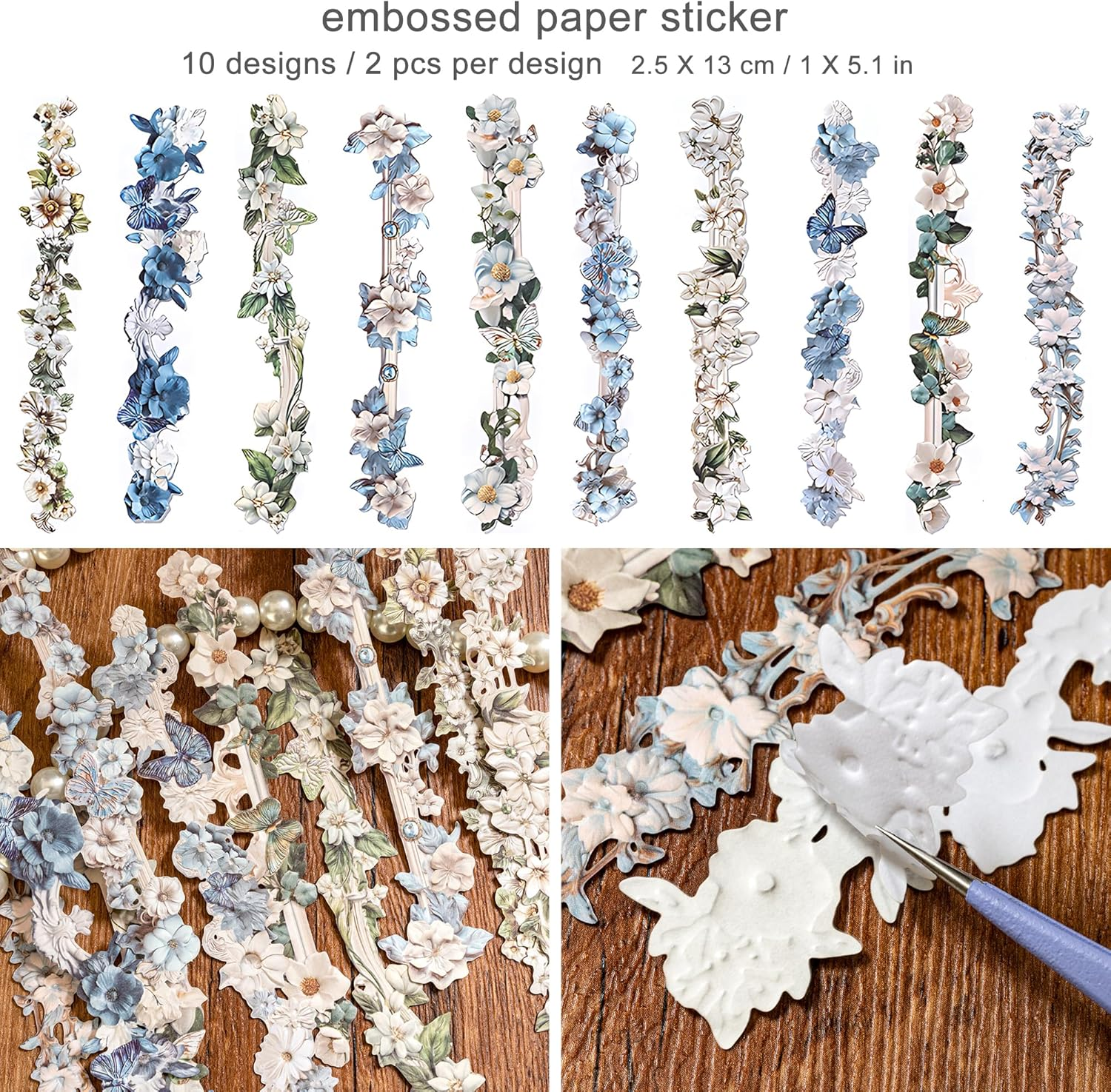 Aesthetic Butterfly Themed Sticker Embossed Flower Pattern Decorative Paper Set Retro Strip Decal Vintage Decoupage Pack for Scrapbook Supplies Journal Kit Card Making Collaging (Penny) image number 1