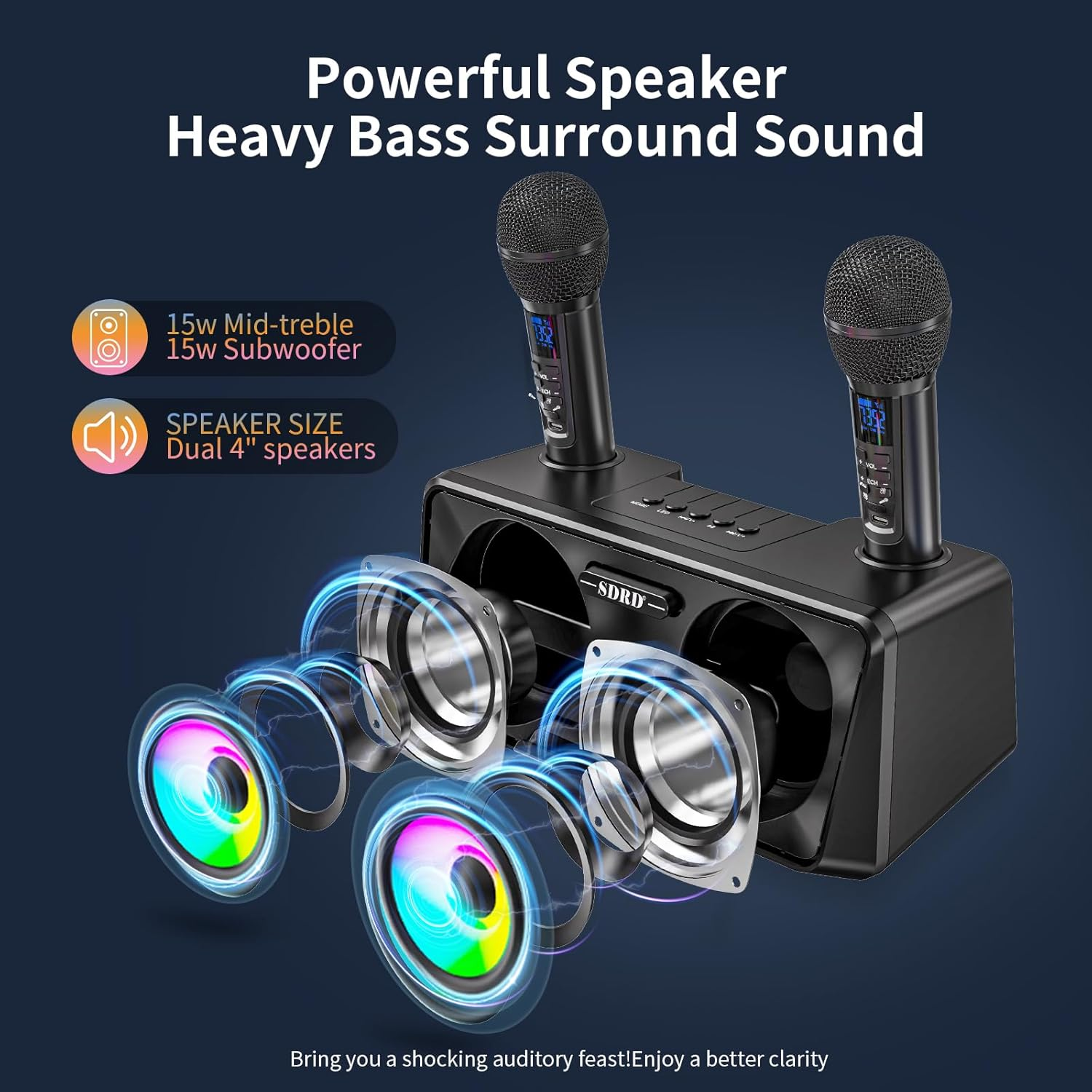 Karaoke Machine for Adults and Kids with 2 UHF Wireless Microphones,Portable Bluetooth Singing Speakers PA System with Disco Lights Phone Holder for Home Party, Picnic,Outdoor/Birthday Gifts image number 3