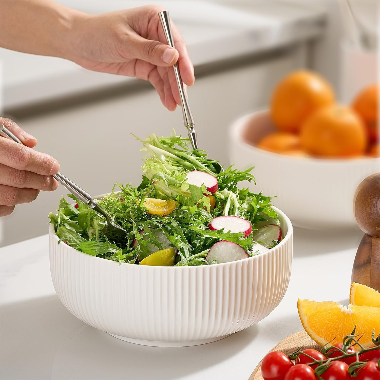 D&D EVA 2 Pack Salad Bowl, 8 Inch 60 Oz Large Serving Bowl Set, Deep Bowl for Kitchen, White Ceramic Bowl Set for Soup, Cereal, Ramen, Pasta, Salad, Dishwasher & Microwave Safe, Easy Clean image number 1