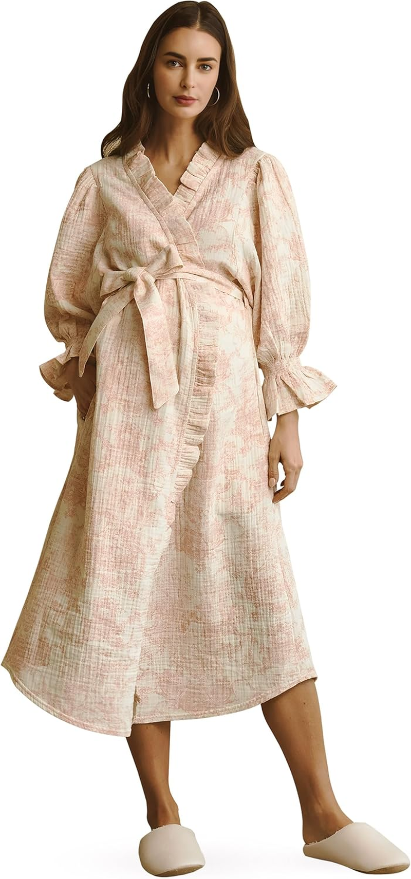 NOTHING FITS but Muslin Gauze Robe Maternity Gown, Women&rsquo;S Cotton Classic Nursing Robe, Puffed Sleeves