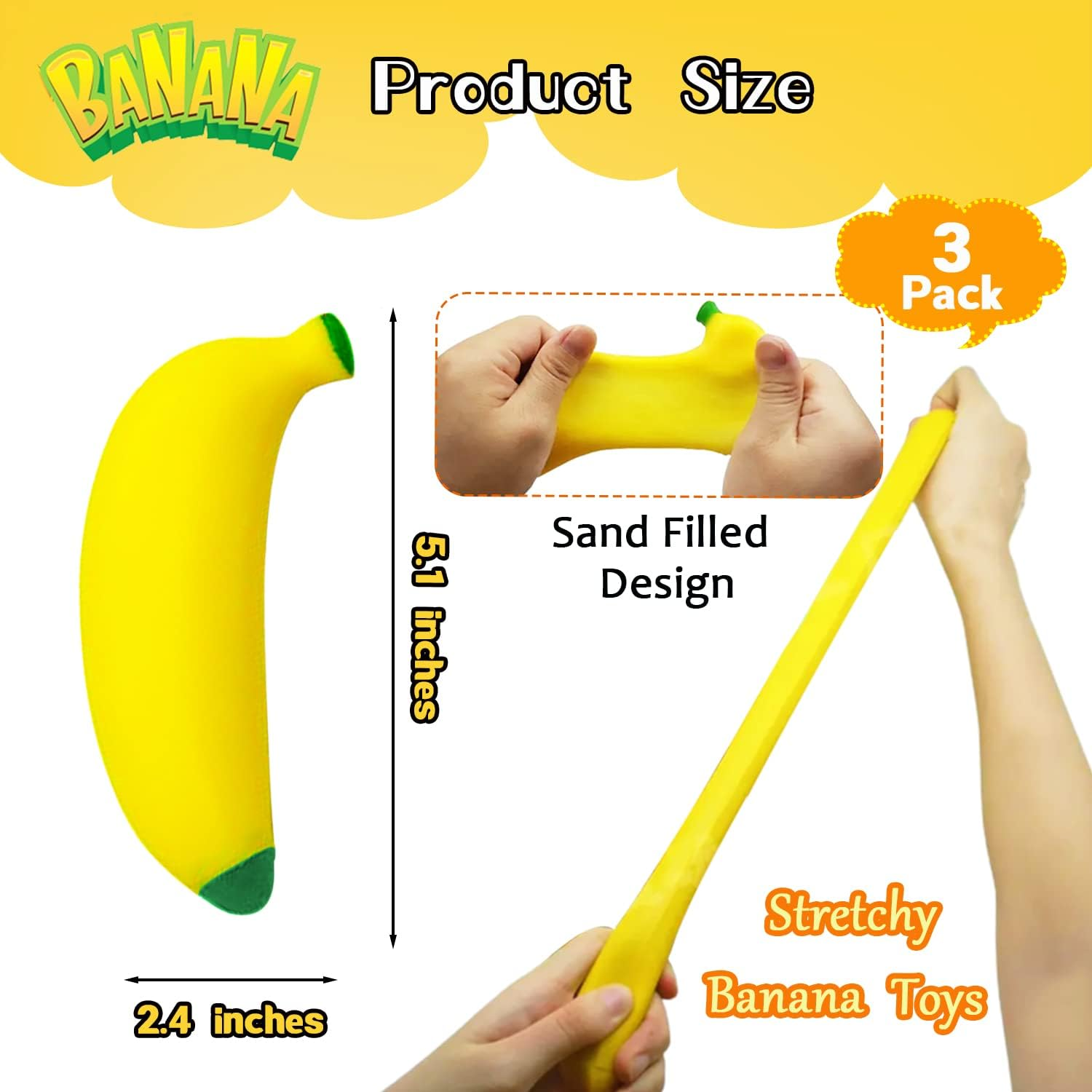 3 Pack Stretchy Banana Sensory Toy,Stress Relief Fidget Banana Toys for Kids and Adults,Sand Filled Stress Gift,Banana Party Supply image number 2