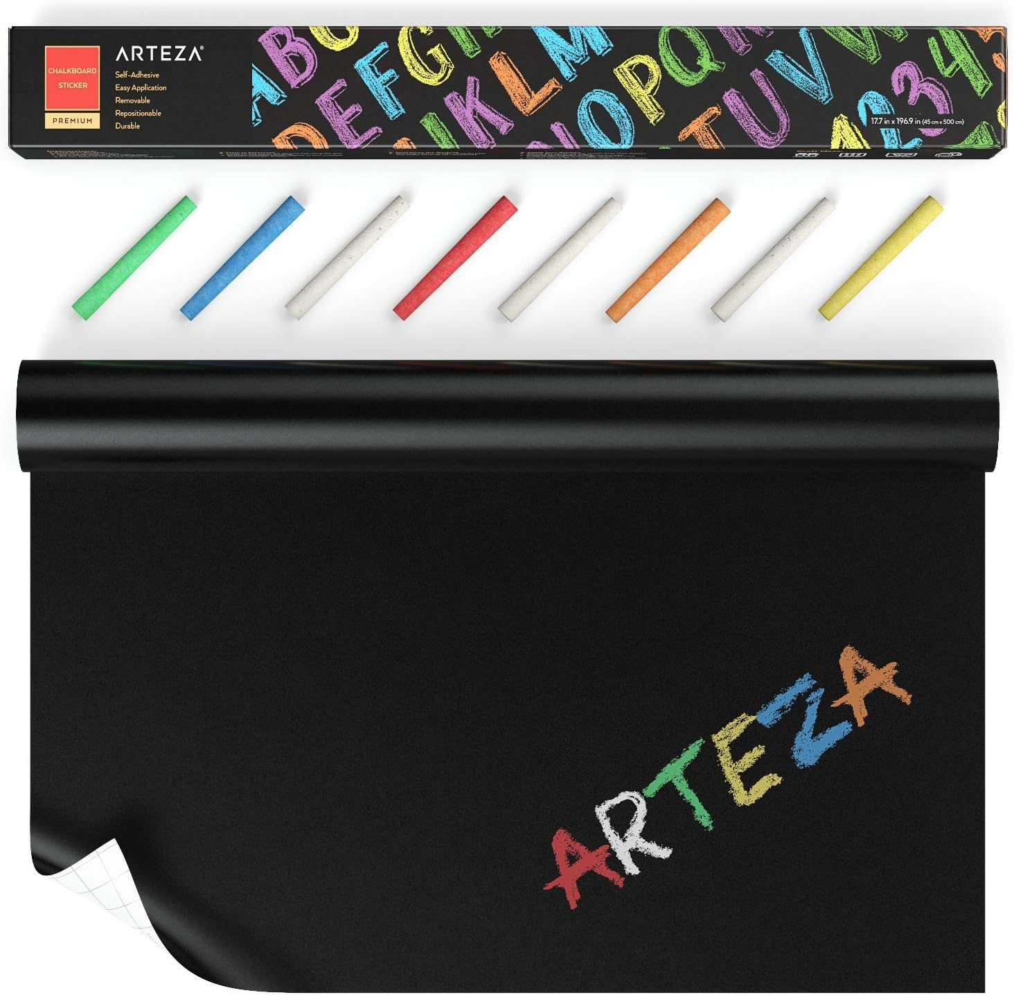 ARTEZA Chalk Board Sticker for Wall 16 Feet (17.7&rdquo;X196.9&rdquo;) - 8 Chalks - Strong Hold - Self Adhesive Chalkboard Contact Paper for Kids, Home Office image number 4