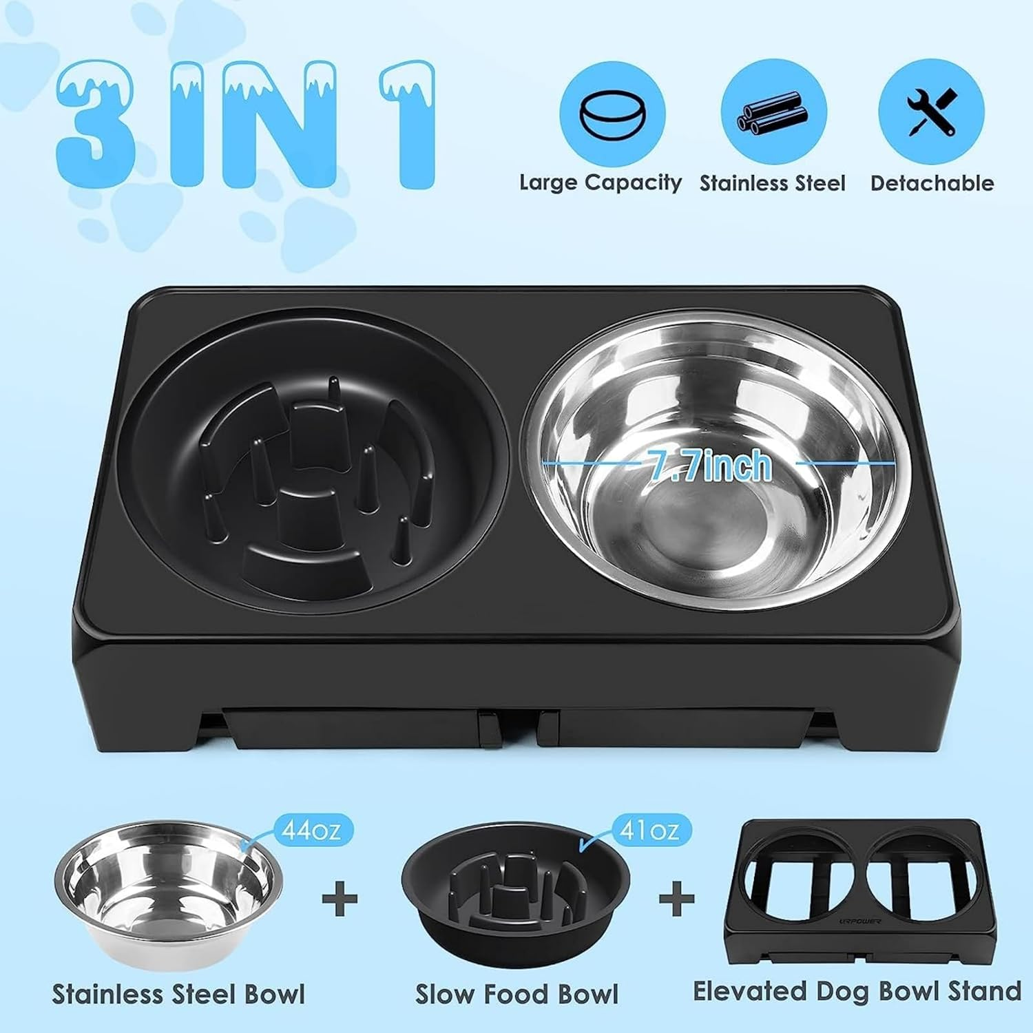 Elevated Raised Slow Feeder Bowls, 4 Height Adjustable Stand with Stainless Steel Water Bowl and Non-Slip Food Bowls for Large Medium Small Dogs and Pets (Black) image number 1