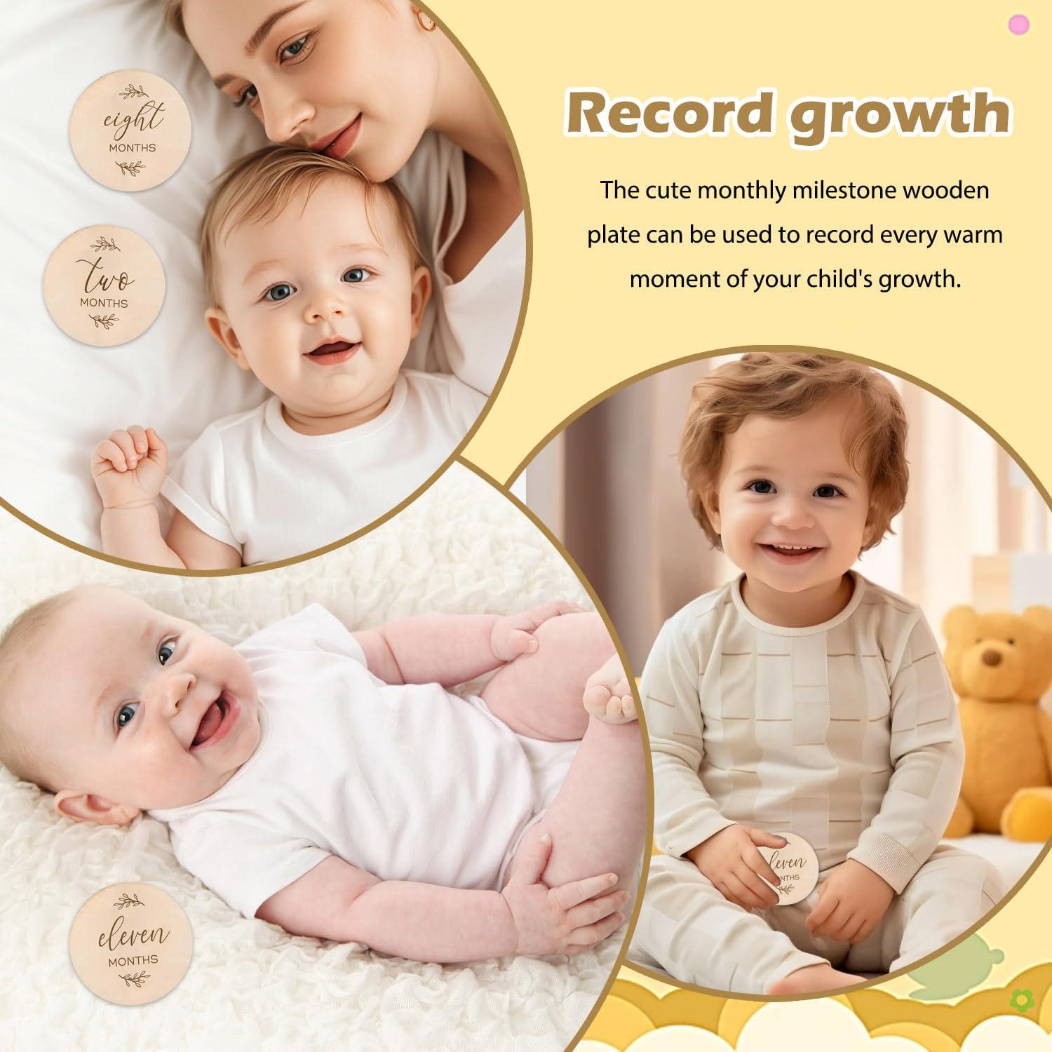 7 Pcs Baby Milestone Cards, Wooden Milestone Baby Cards, Double-Sided Wooden Monthly Newborn Welcome Signs, 10Cm round Month Baby Milestone Signs for New Parents Gift Set (Minimalism Theme) image number 3