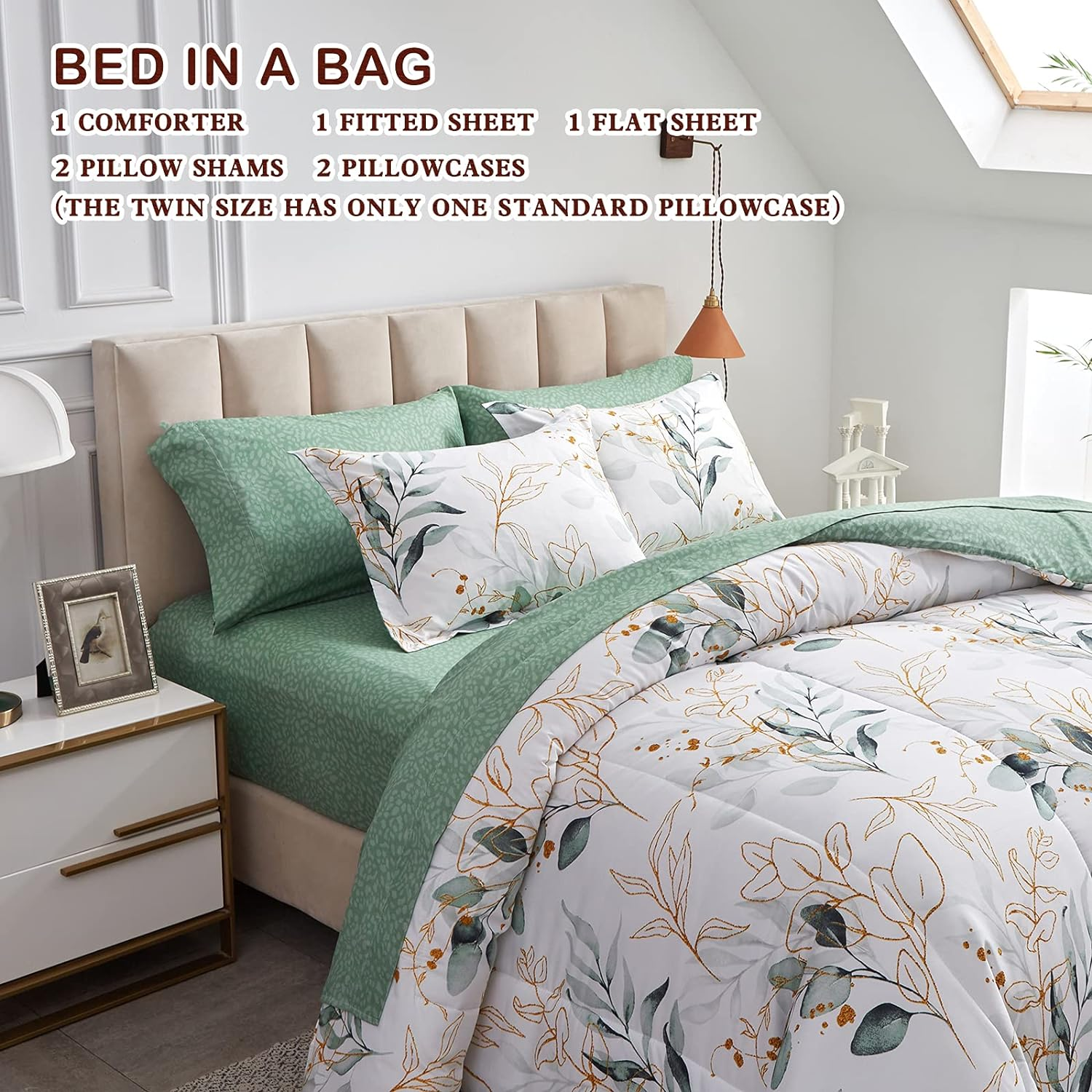 Joyreap 7 Piece Bed in a Bag Queen, Green Leaves Printed on White Botanical Design, Microfiber Set for All Season (1 Comforter, 2 Pillow Shams, 1 Flat Sheet, 1 Fitted Sheet, 2 Pillowcases) image number 6