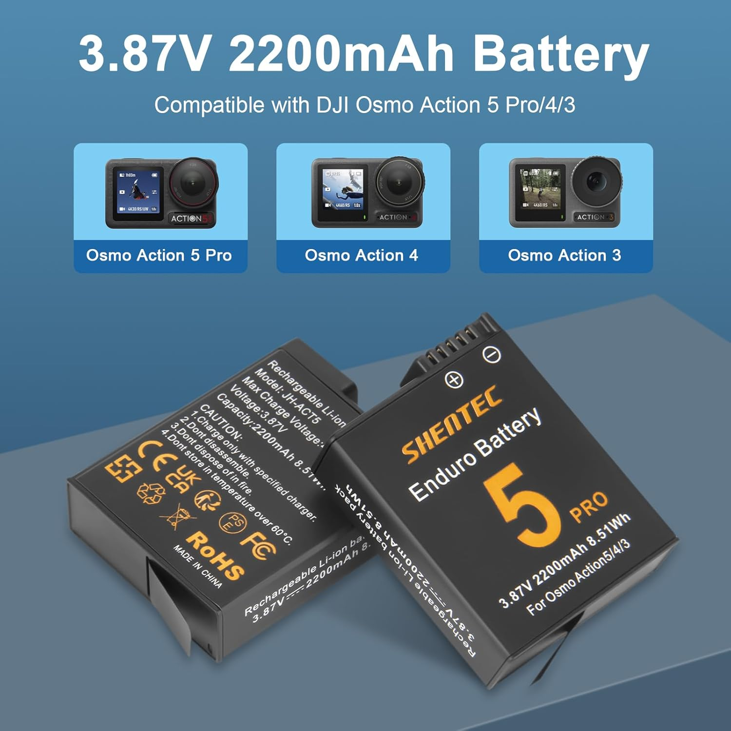 Pack of 2 Shentec 2200 Mah DJI Osmo Action 5 Pro/4/3, Batteries and LED Dual USB Charger Accessories, Compatible with DJI Osmo Action 3, Action 4, Action 5 Pro, Camera image number 5