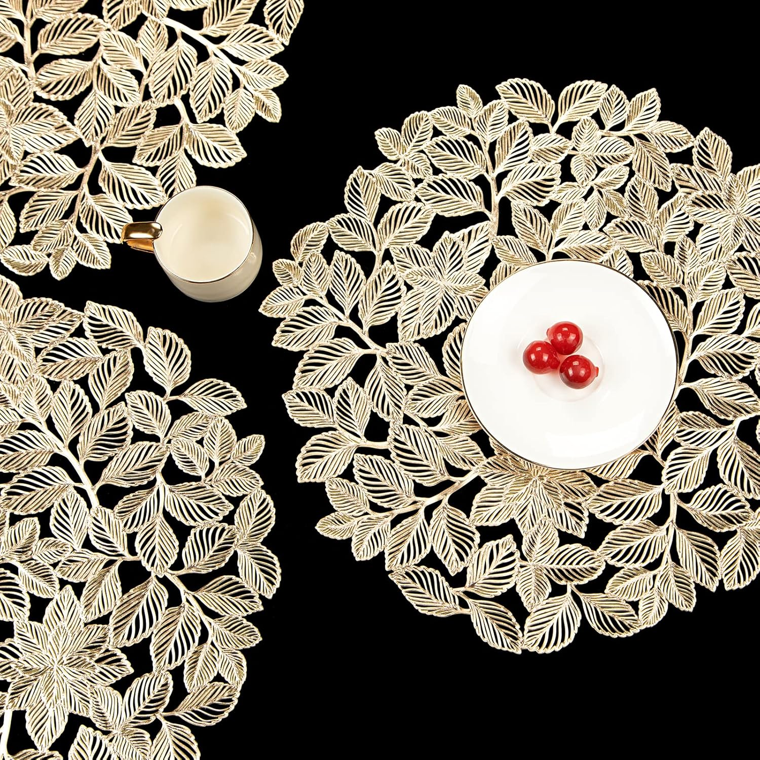 Gold Leaf Placemats Set of 8 Metallic round Placemats Wipeable Waterproof Table Mats for Kitchen Dinner Indoor Outdoor Wedding image number 2