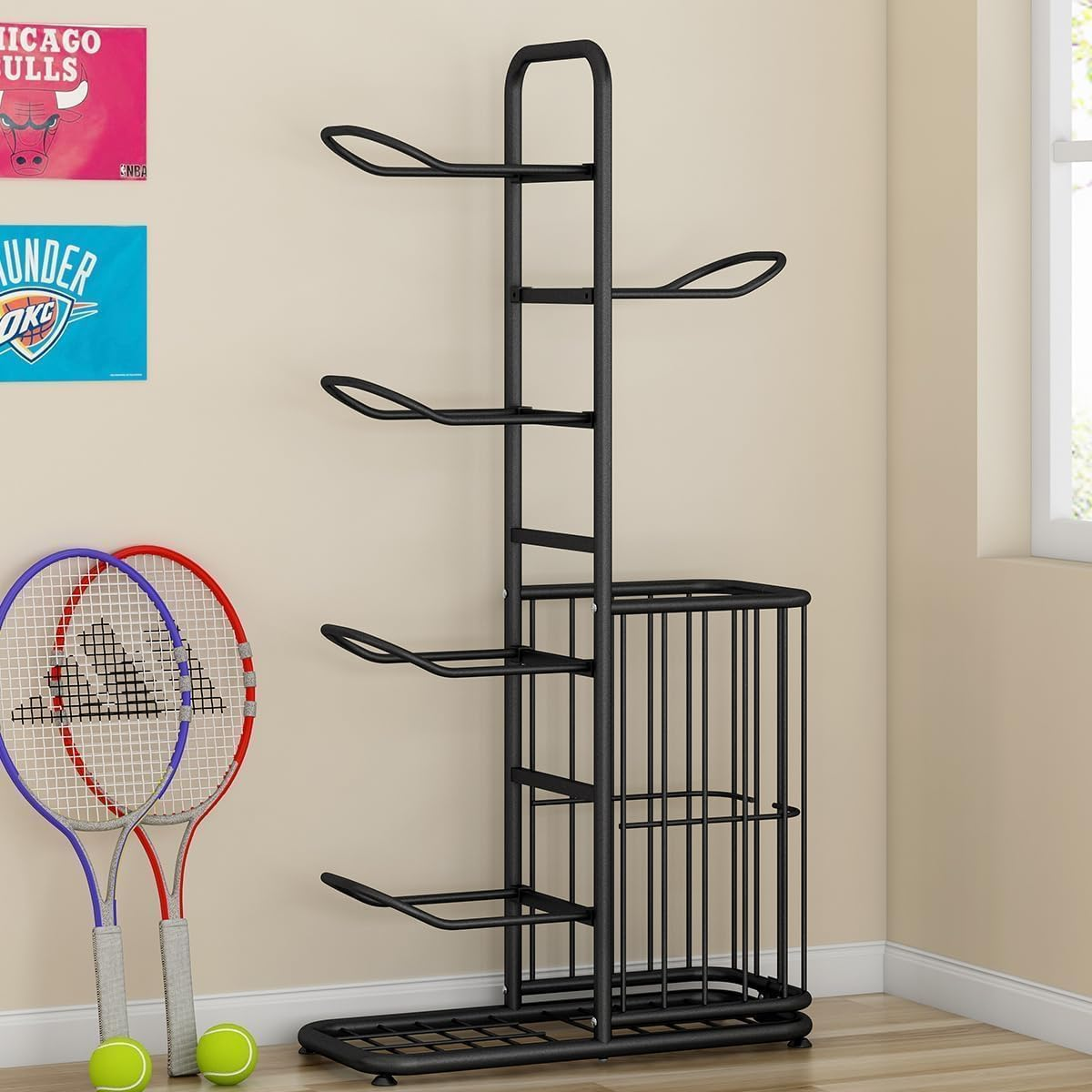 Fohouse Garage Sports Equipment Organizer with Basket, Ball Storage Rack, Football Stand, Ball Storage Garage, Ball Holder - White image number 5