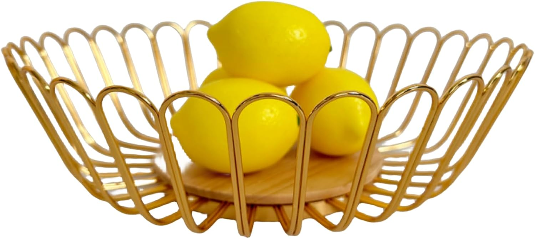 7UYUU Metal Wire Countertop Fruit Bowl Basket Holder for Kitchen | Gold Modern Storage Table Centerpiece with Wood Stand | Home Decor - 12 Inch (Gold) image number 3